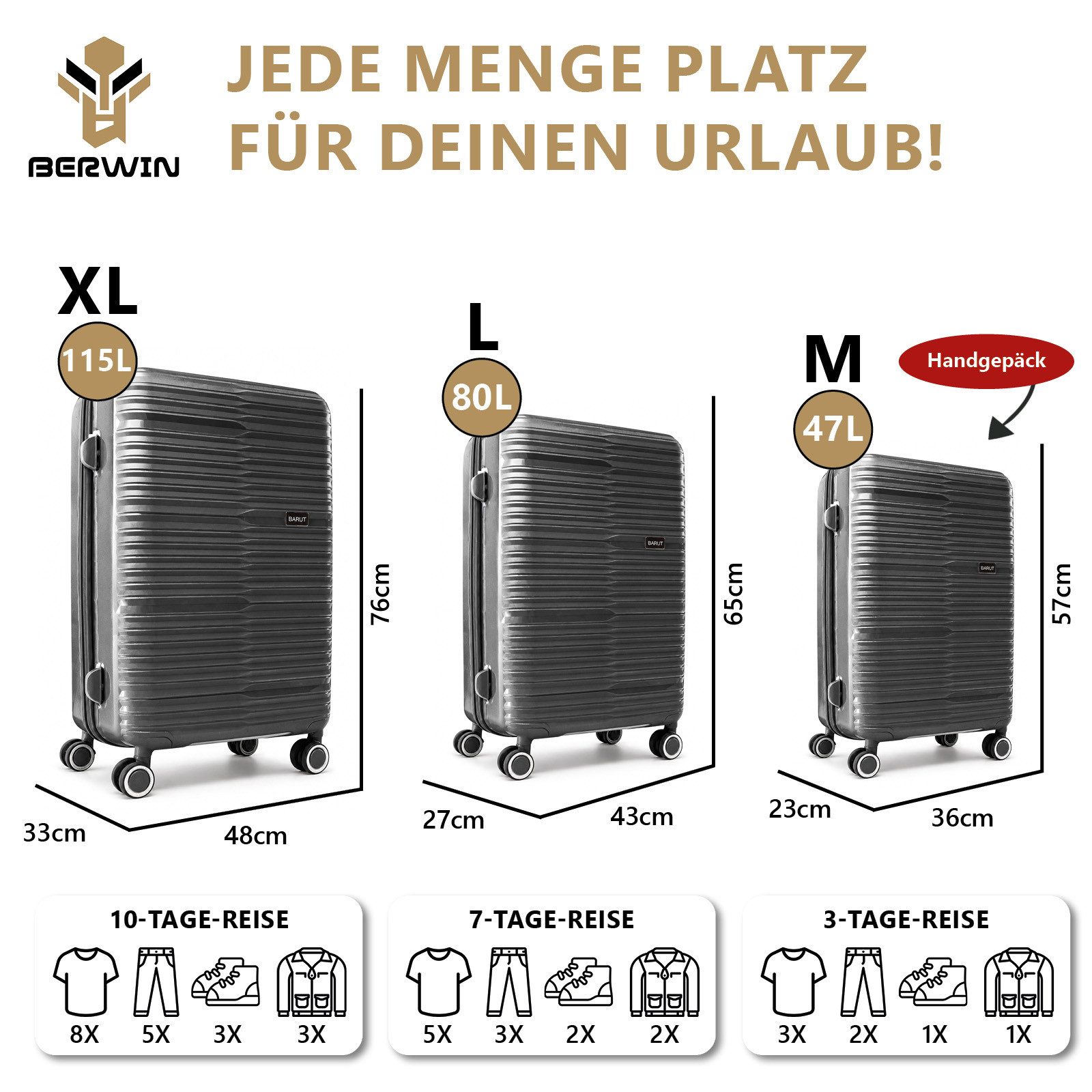 Barut Trolleyset PP Reisekofferset Dunkelgrau, (Set, 3 tlg., MS-19065)
