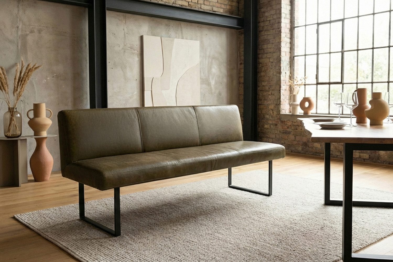 KAWOLA Sitzbank ELEEN Esszimmerbank Leder pigmentiert – modernes Design, 203 cm Breite, hoher Sitzkomfort, Metallgestell schwarz