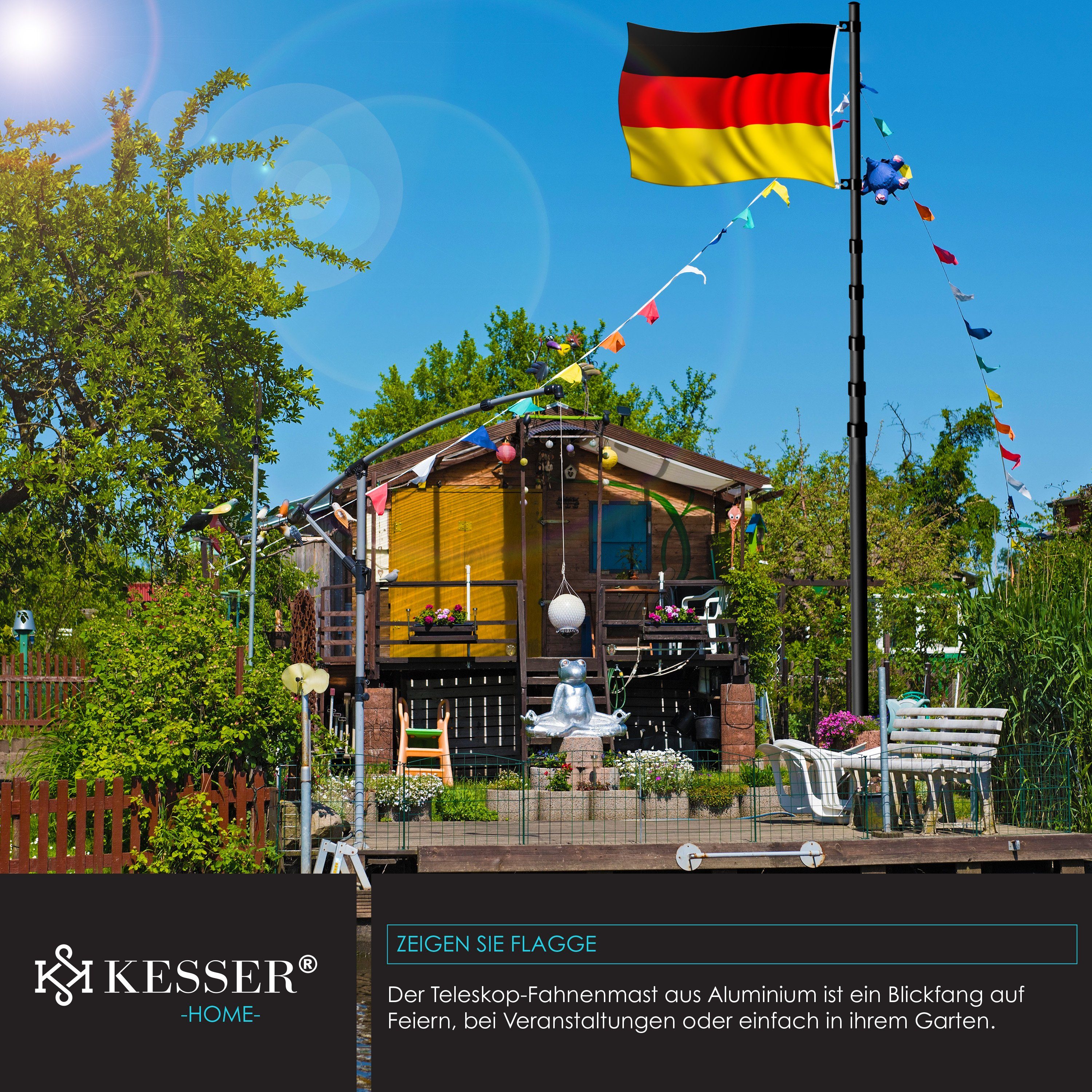 KESSER Fahne, Bodenhülse, Deutschland-Fahne 60cm Teleskop + Fahnenmast 6,3m schwarz