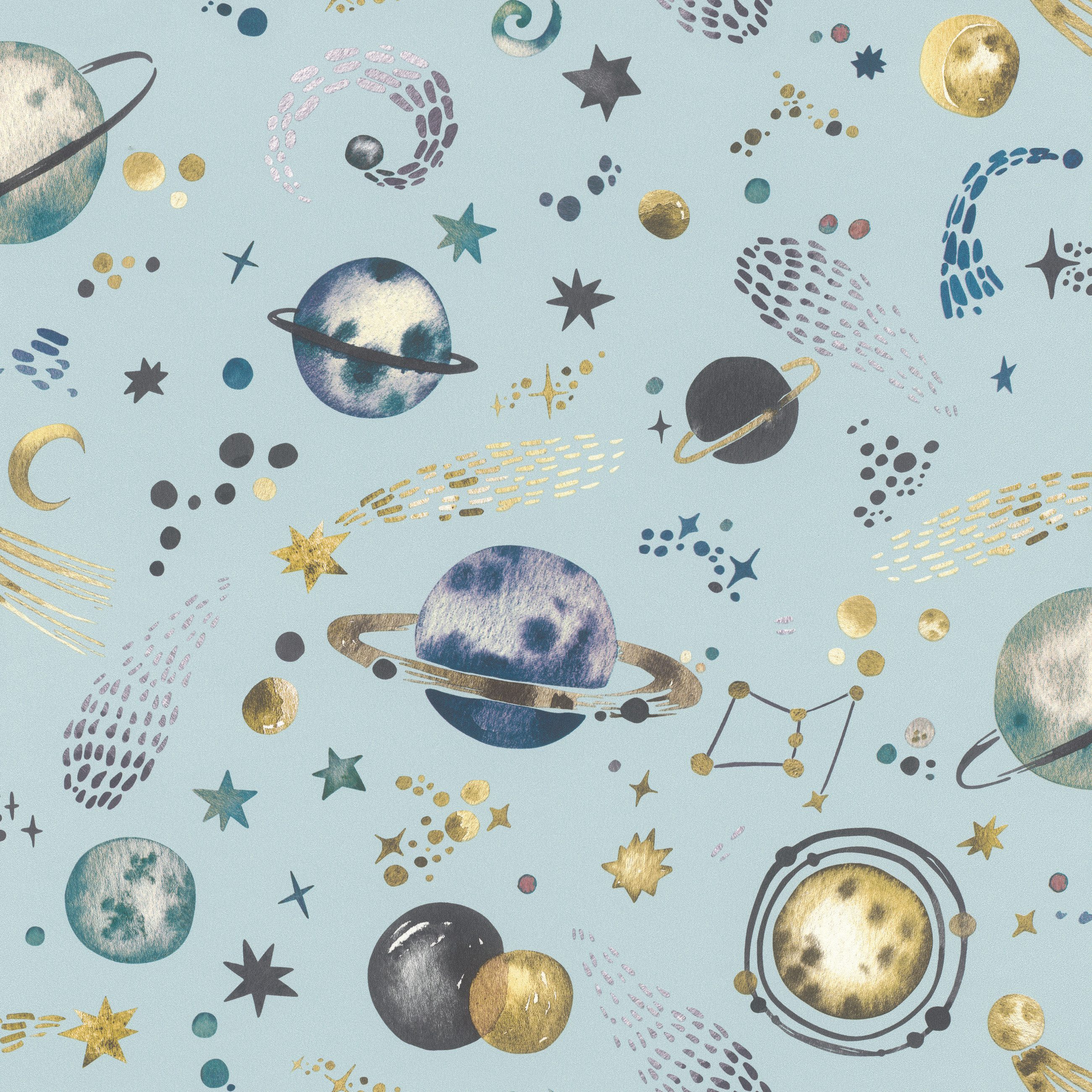 Rasch Vliestapete Weltall-Motiv Schwarz Gold Blau, Fotodruck, (1 Rolle, 1 St., Kollektion 'Kids World II' - 10,05 m x 0,53 m), gute Lichtbeständigkeit, feucht abwischbar, restlos abziehbar