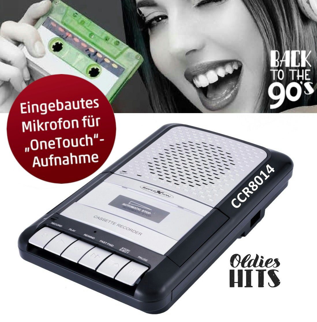 Reflexion CCR8014 Retro Kassettenrecorder Diktiergerät Kassetten Player (Audio Walkman, Cassette, eingebates Mikrofon)