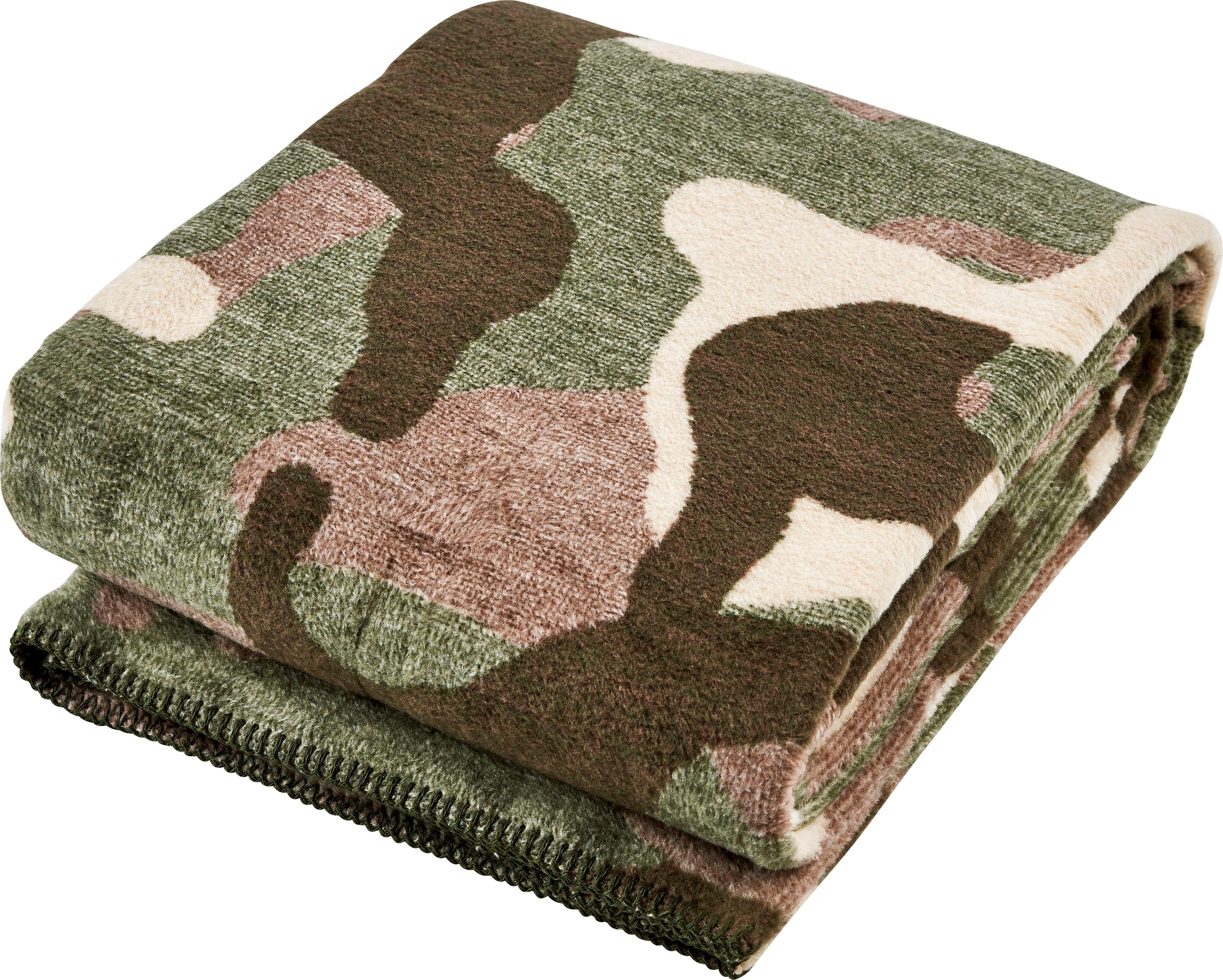 Wohndecke braun/grün/beige Kuscheldecke Camouflage, mit einfassender done.®, Wohndecke Ziernaht,