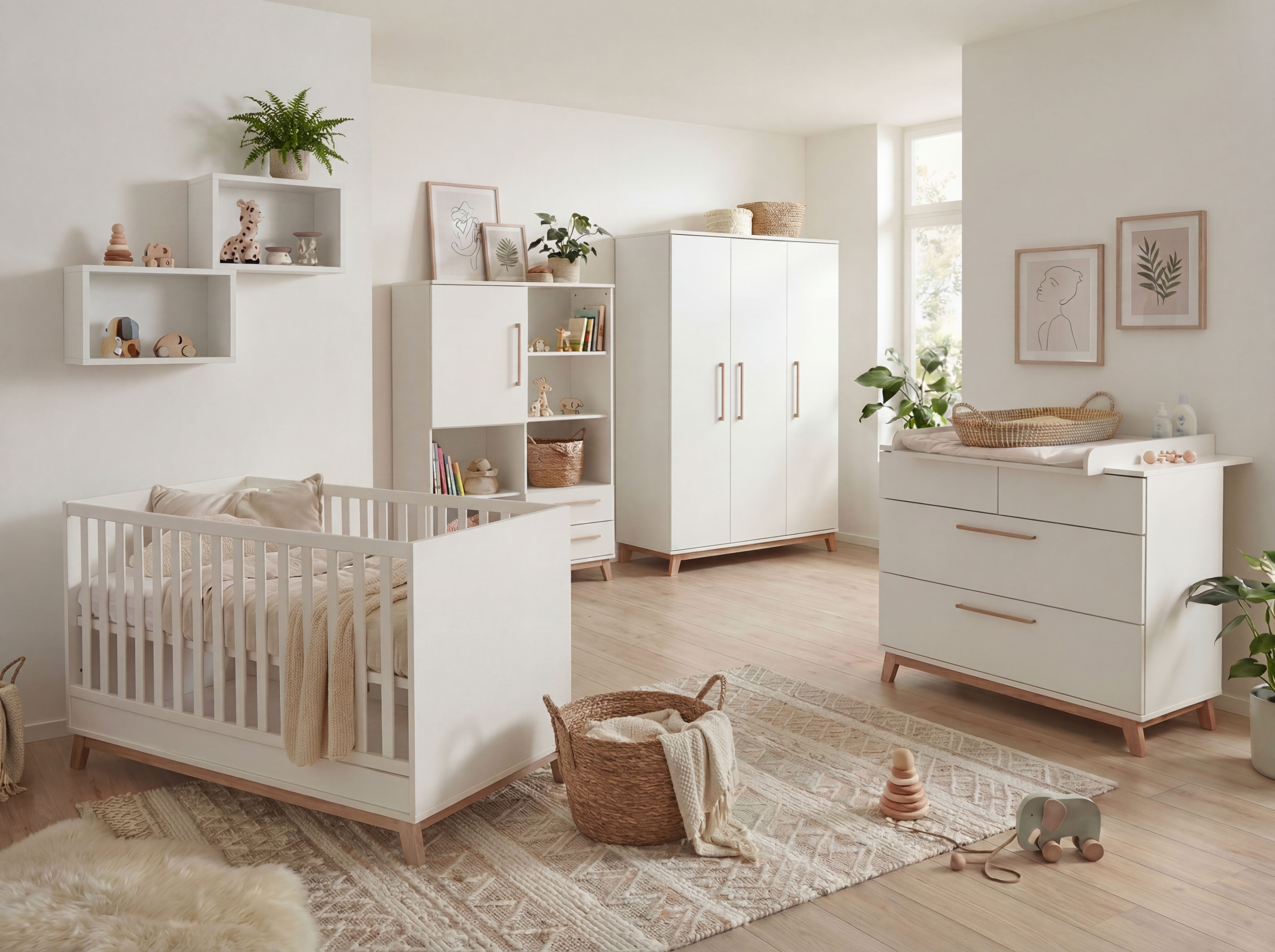 arthur berndt Babyzimmer-Komplettset Lina, (Set, 6-tlg., Schrank, Kommode, Bett, 2x Regale, Umbauseite), 6 teiliges Babyzimmer komplett Set hochwertig