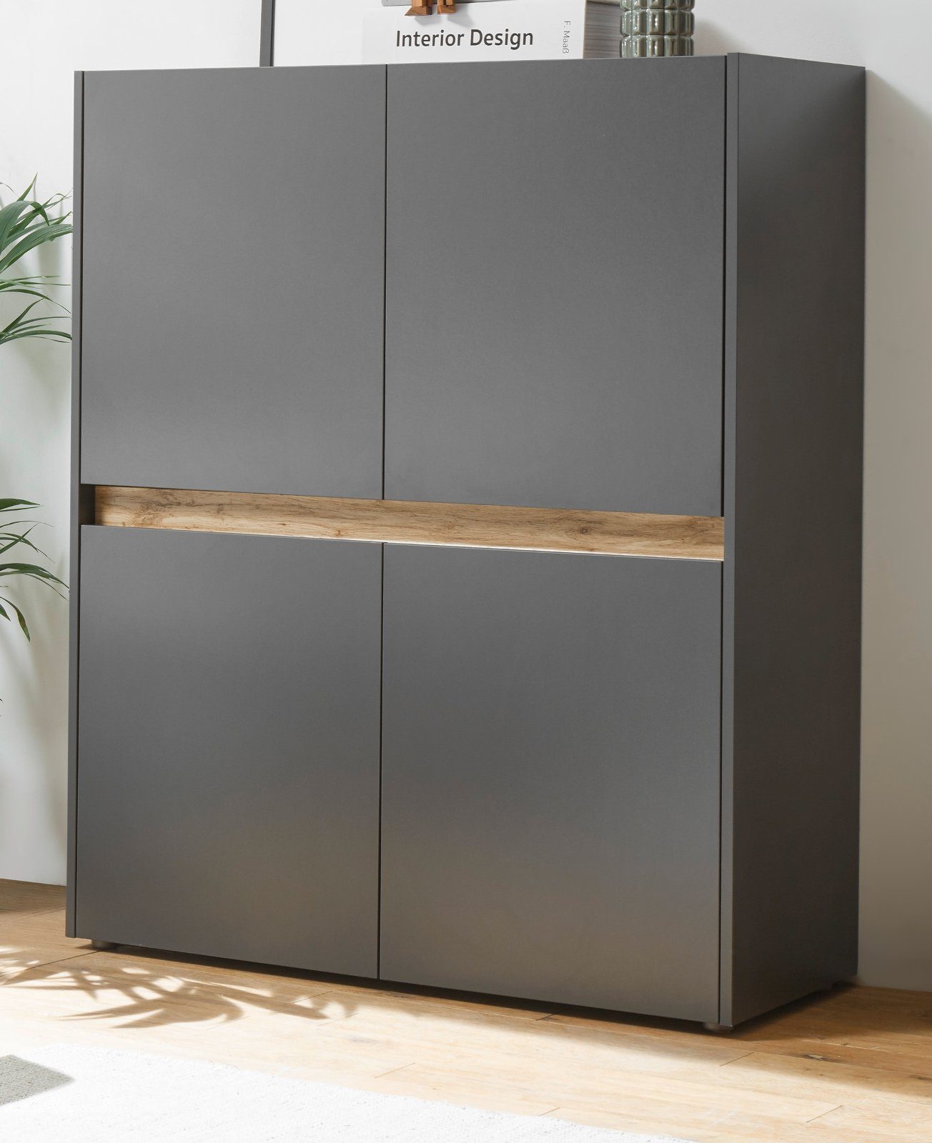 Furn.Design Highboard Center (Schrank in grau mit Eiche, 100 x 120 cm), 4-türig