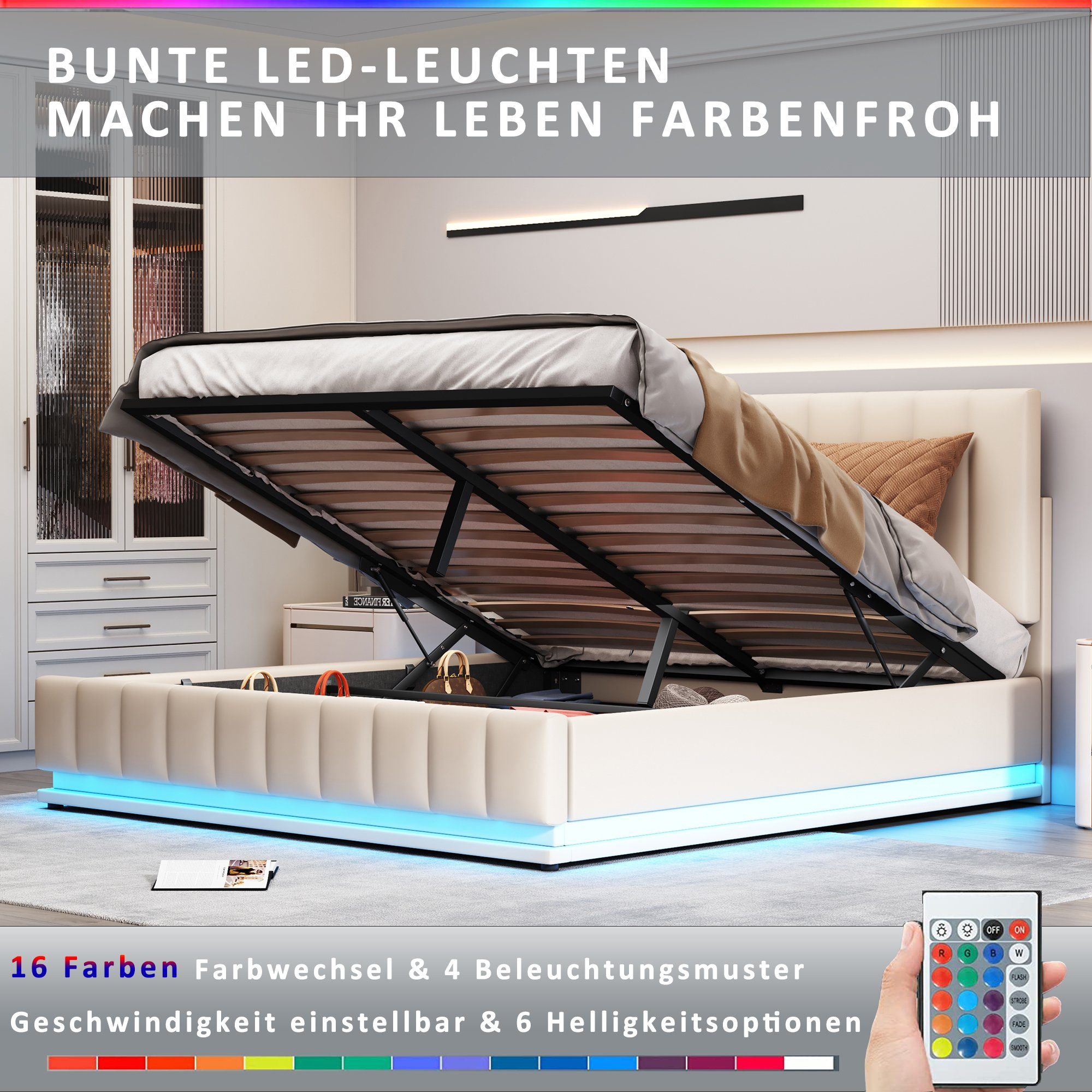 Boxspringbett (LED Hydraulisches Bett mit Bettkasten und Lattenrost), Polsterbett Stauraumbett 160x200 cm, Kunstleder