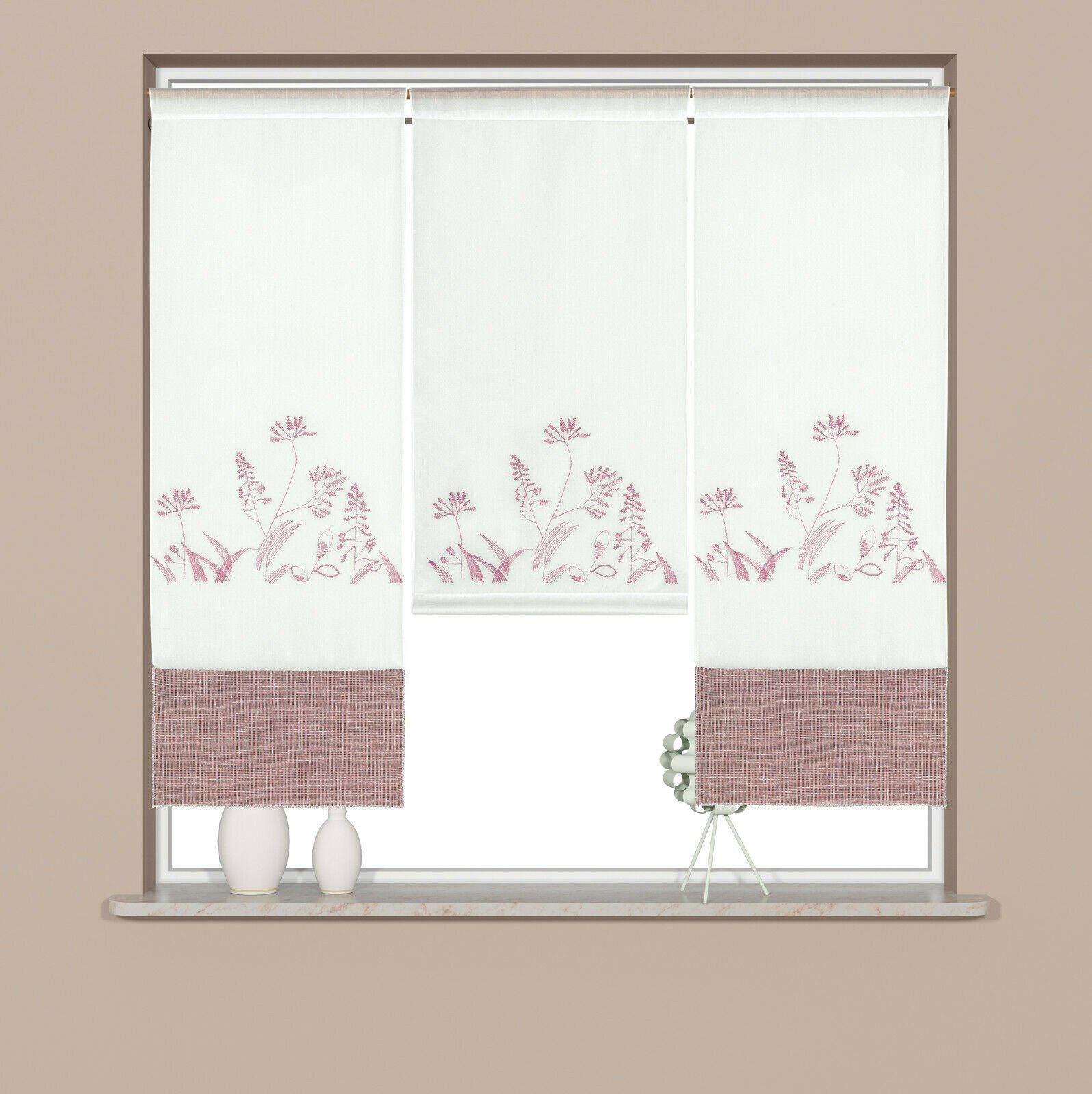 Scheibengardine Design Mini Flächenvorhang Set, (3 Clever-Kauf-24, Blende, St), Stangendurchzug bestickt, 4044, transparent rose mit