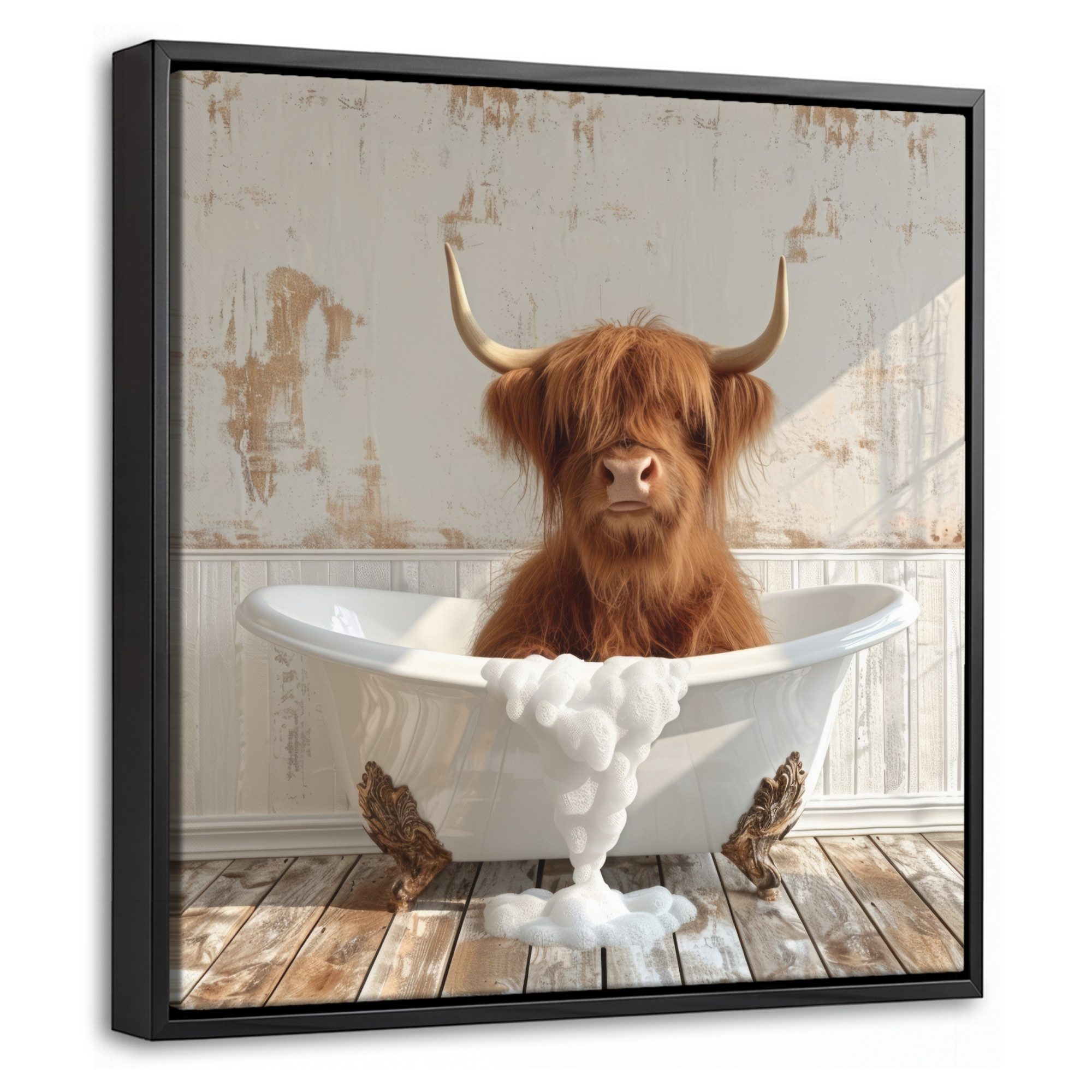 OneMillionCanvasses® Leinwandbild mit Rahmen - Schottischer Highlander - Badewanne - Vintage - Kuh, Fotodruck (1 St), Leinwand Bilder Klein, Wand Dekoration Aesthetic 20x20cm