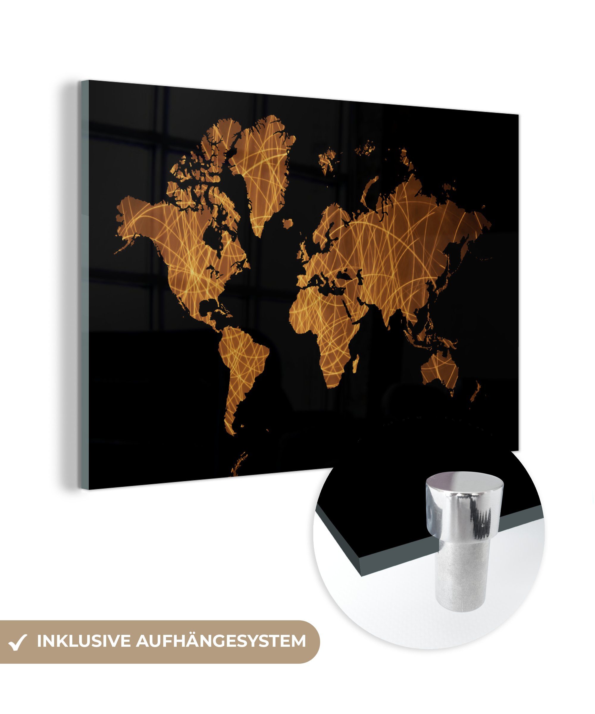 MuchoWow Acrylglasbild Weltkarte - Schwarz - Gold, (1 St), Glasbilder - Bilder auf Glas Wandbild - Foto auf Glas - Wanddekoration