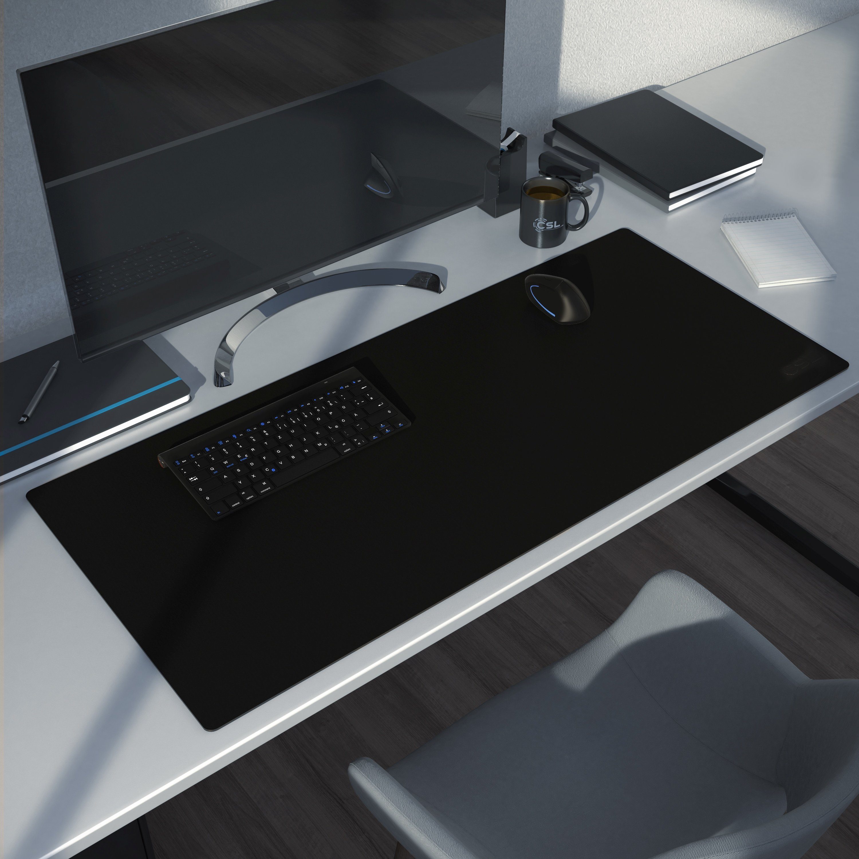 CSL Mauspad XXL Mousepad 900 x 400 x 3 mm, Tischunterlage, Elegante Leder Optik, rutschfest, abwaschbar, Office Schreibtischunterlage, schwarz mit Logo
