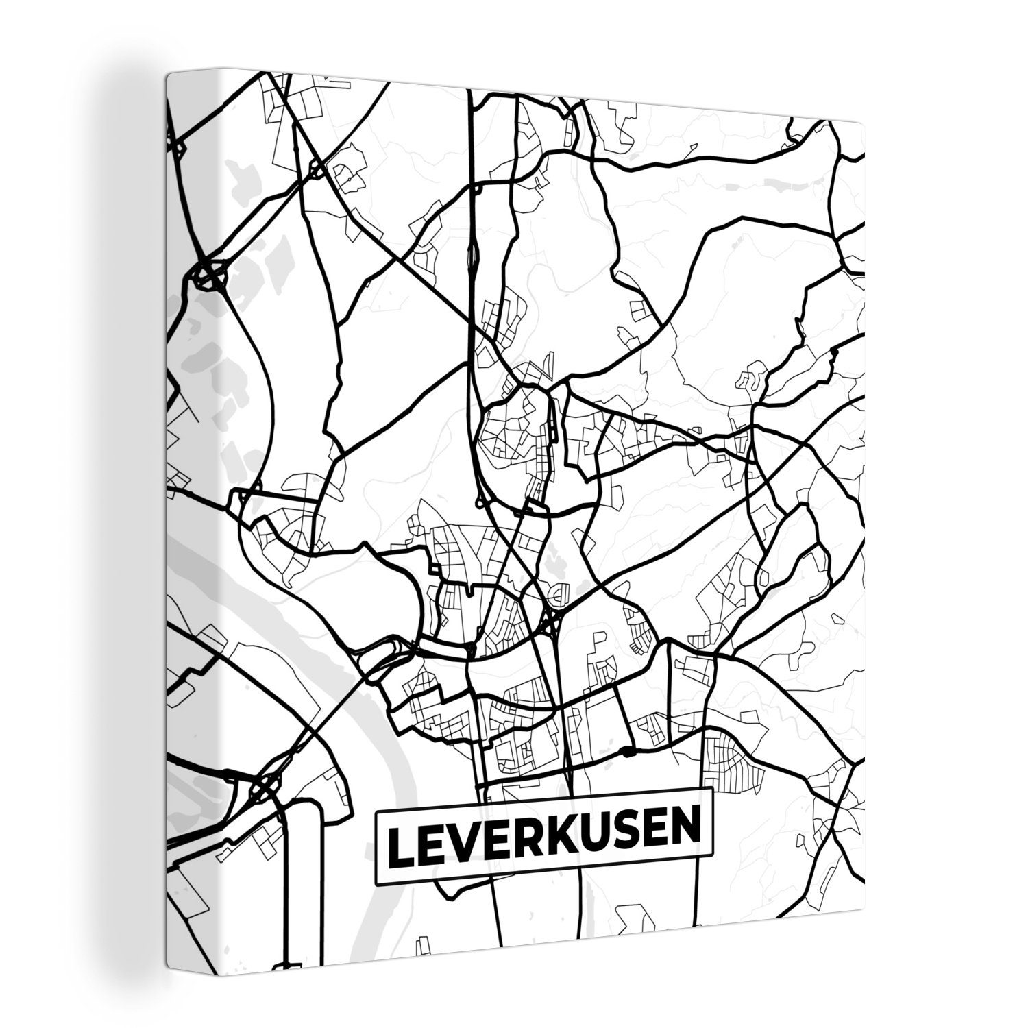 OneMillionCanvasses® Leinwandbild Leverkusen - Stadtplan - Karte, (1 St), Leinwand Bilder für Wohnzimmer Schlafzimmer