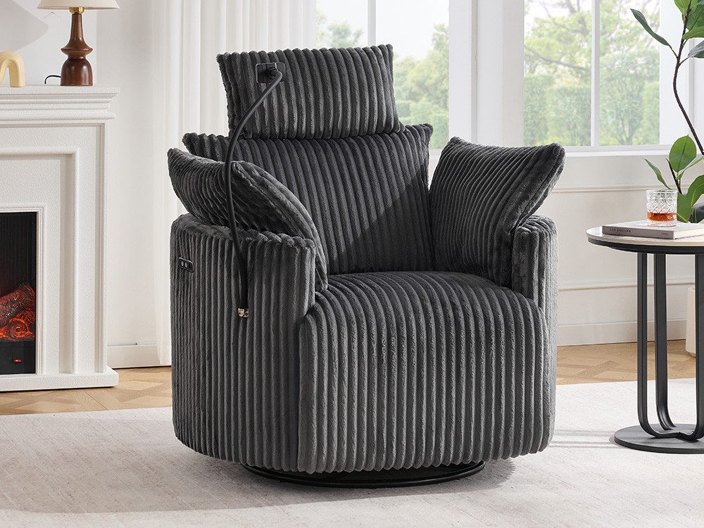 DEKKETO Relaxsessel elektrisch, aus Cordstoff, 300° drehbar, Heimkino Fernsehsessel (1-St), mit verstellbarer Kopfstütze, Liegefunktion, USB und Handyhalterung