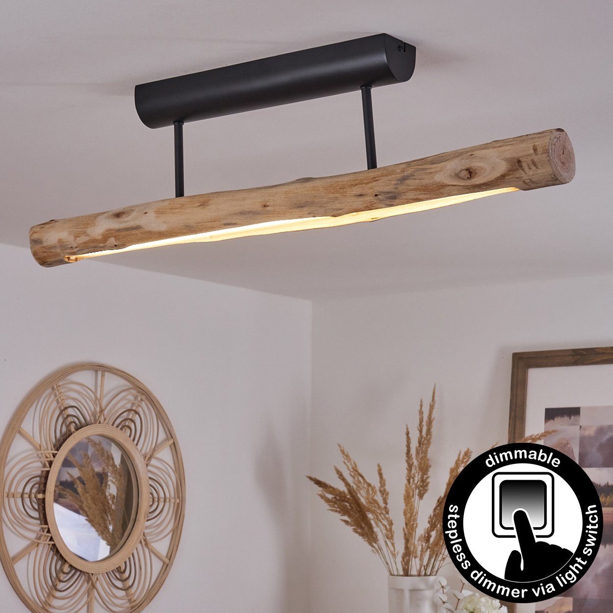 hofstein Deckenleuchte »Licata« dimmbare Deckenlampe Holzstab und herkömmlichen 3000 Schwarz/Natur, 15 Lumen, dimmbar über Watt, Lichtschalter in aus Metall Kelvin, 1062