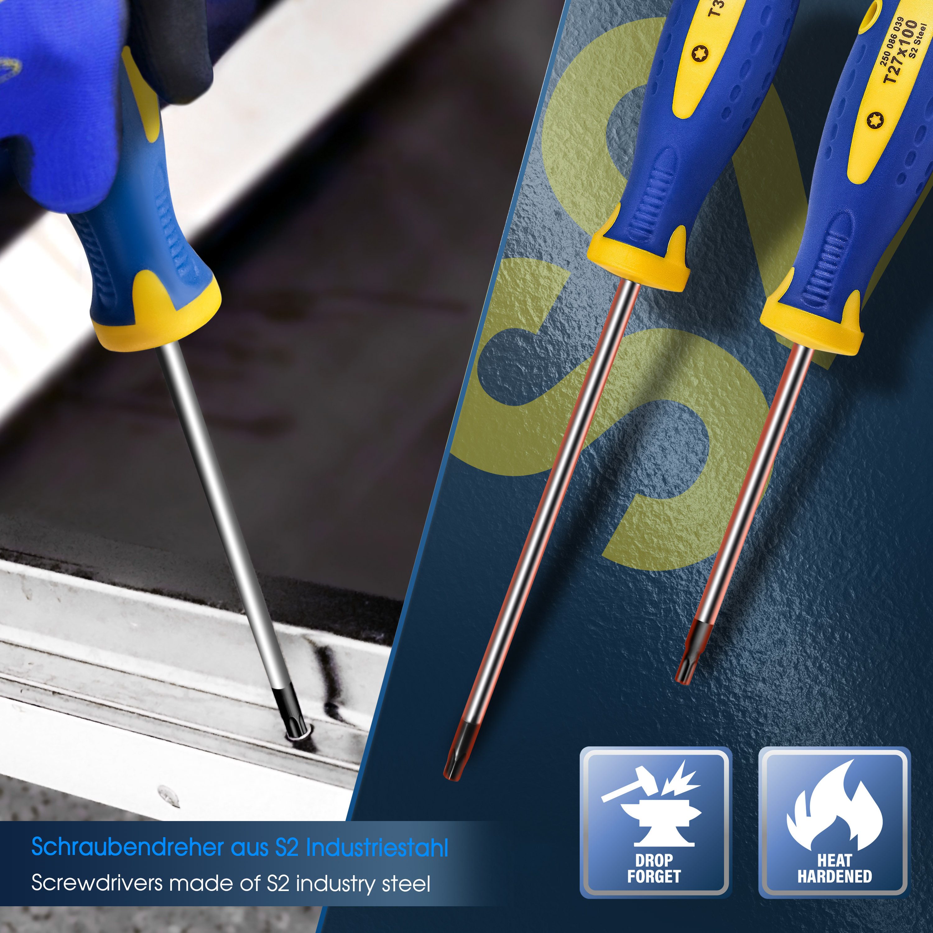 S&R Schraubendreher Set Torx 6-tlg, magnetisch, Power-Form Schraubendrehersatz, (Satz, 6 St., T10 T15 T20 T25 T27 T30, inkl. Wandhalterung), gelochter Ergo-Griff, mit S2 Spezialstahl Klingen