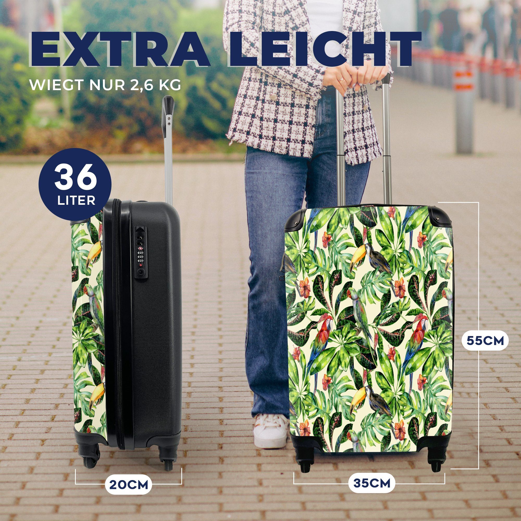 Reisetasche mit Blätter, Rollen, für Trolley, - Vogel Blumen Reisekoffer MuchoWow Ferien, 4 Handgepäckkoffer rollen, Handgepäck -