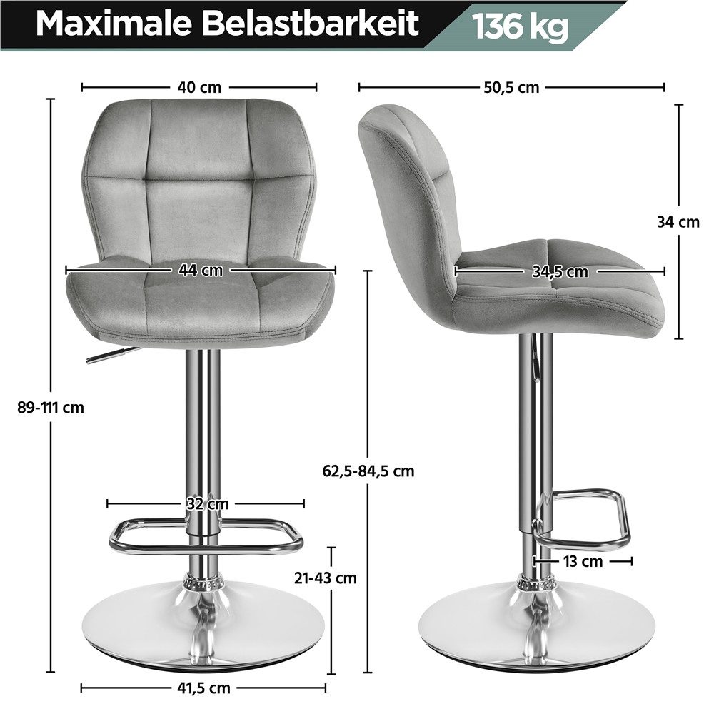 Yaheetech Barhocker 360° Drehbare Hocker mit Fußstütze (4 St), 1/2/4/6er-Set Barstühle Küchenstühle Bistrohocker höhenverstellbar – Bild 5 von 5