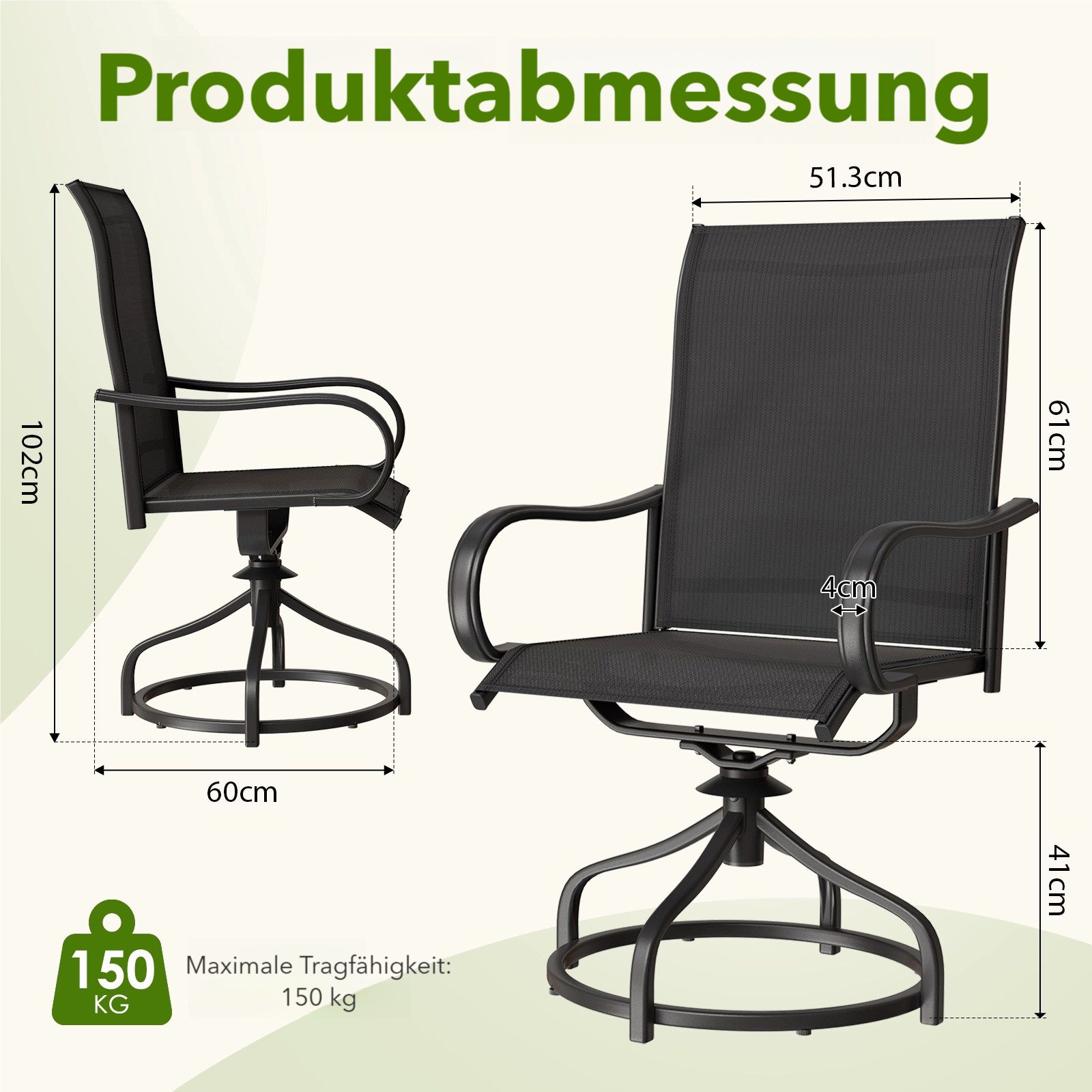 TLGREEN Gartenstuhl 360° drehbar, 2er Set Vollstahl-Teslin-Drehstuhl, (Wetterfeste Rostbeständig,bis 150 kg belastbar, 2 St), Für Terrasse Garten Balkon Bistrot