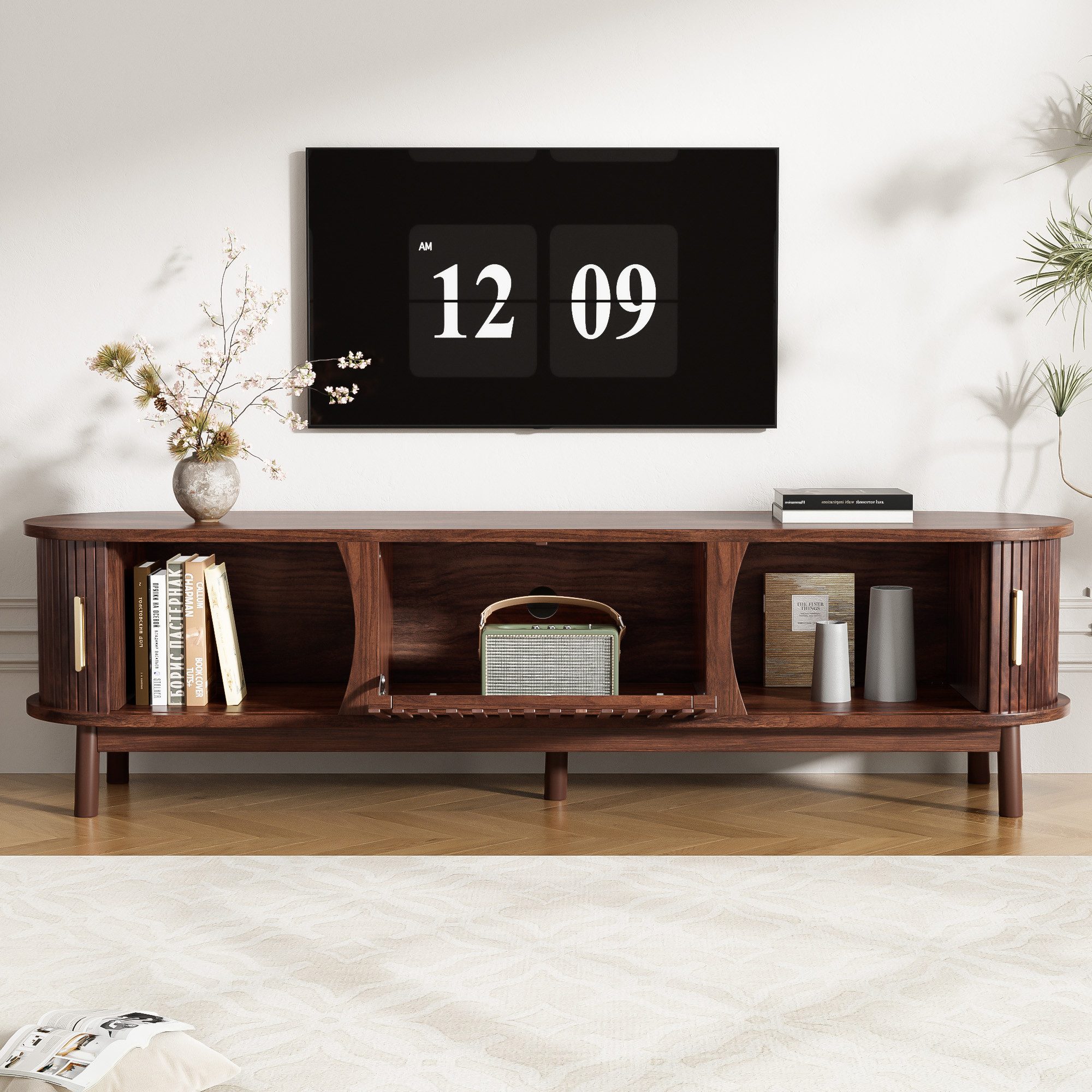 Merax Lowboard mit 2 Schiebetüren und Klapptür (TV-Lowboard TV-Unterschrank, 1 St., 165x39,5x46cm), Fernsehschrank Landhaus TV-Ständer mit 5 Holzbeine & Stauraum