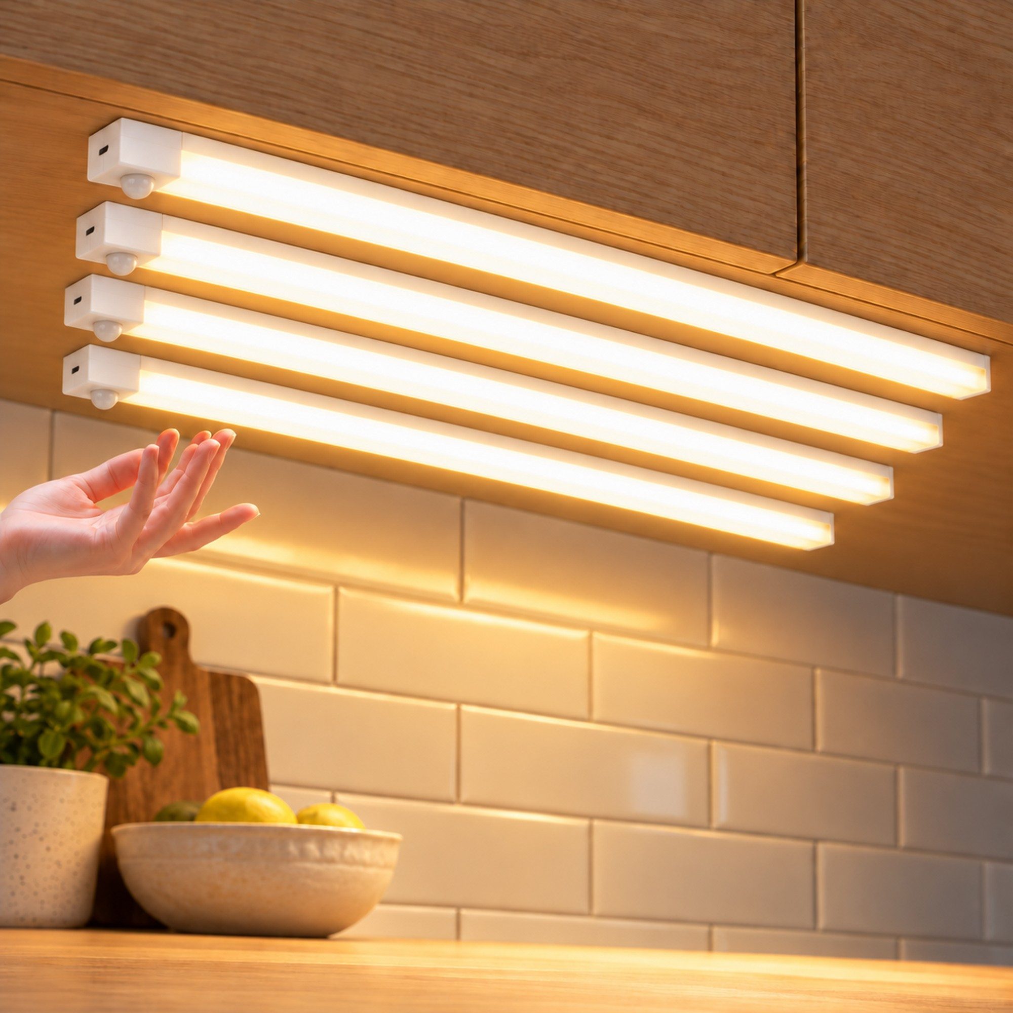 Virexo Unterbauleuchte LED Lichtleiste mit Bewegungsmelder, kabellos, Warmweiß, magnetisch (4-St), Berührungsschalter, per USB aufladbar, …