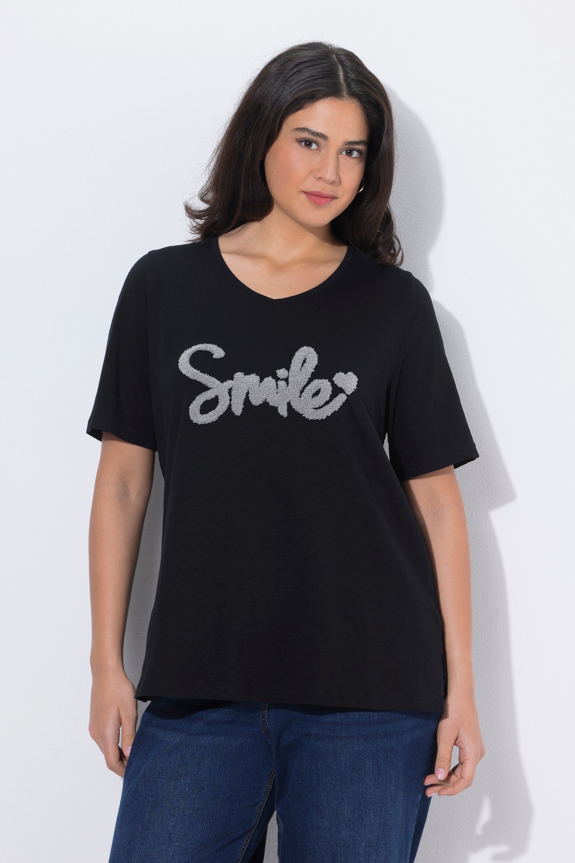 Ulla Popken T-Shirt T-Shirt Smile Classic V-Ausschnitt Halbarm