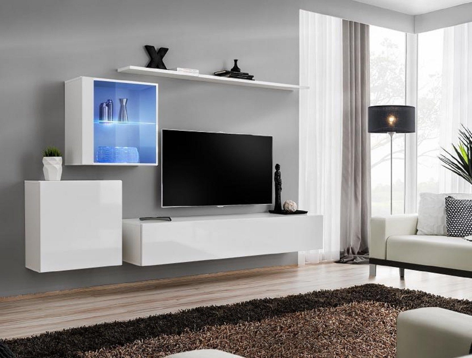 JVmoebel Wohnzimmer-Set Komplett Set Wohnwand TV-Ständer Hochglanz Luxus Sideboard Weiß Neu, (5-St., 1x Wohnwand + 1x TV Ständer + 2x Wandschrank + 1x Wandregal), Made in Europa