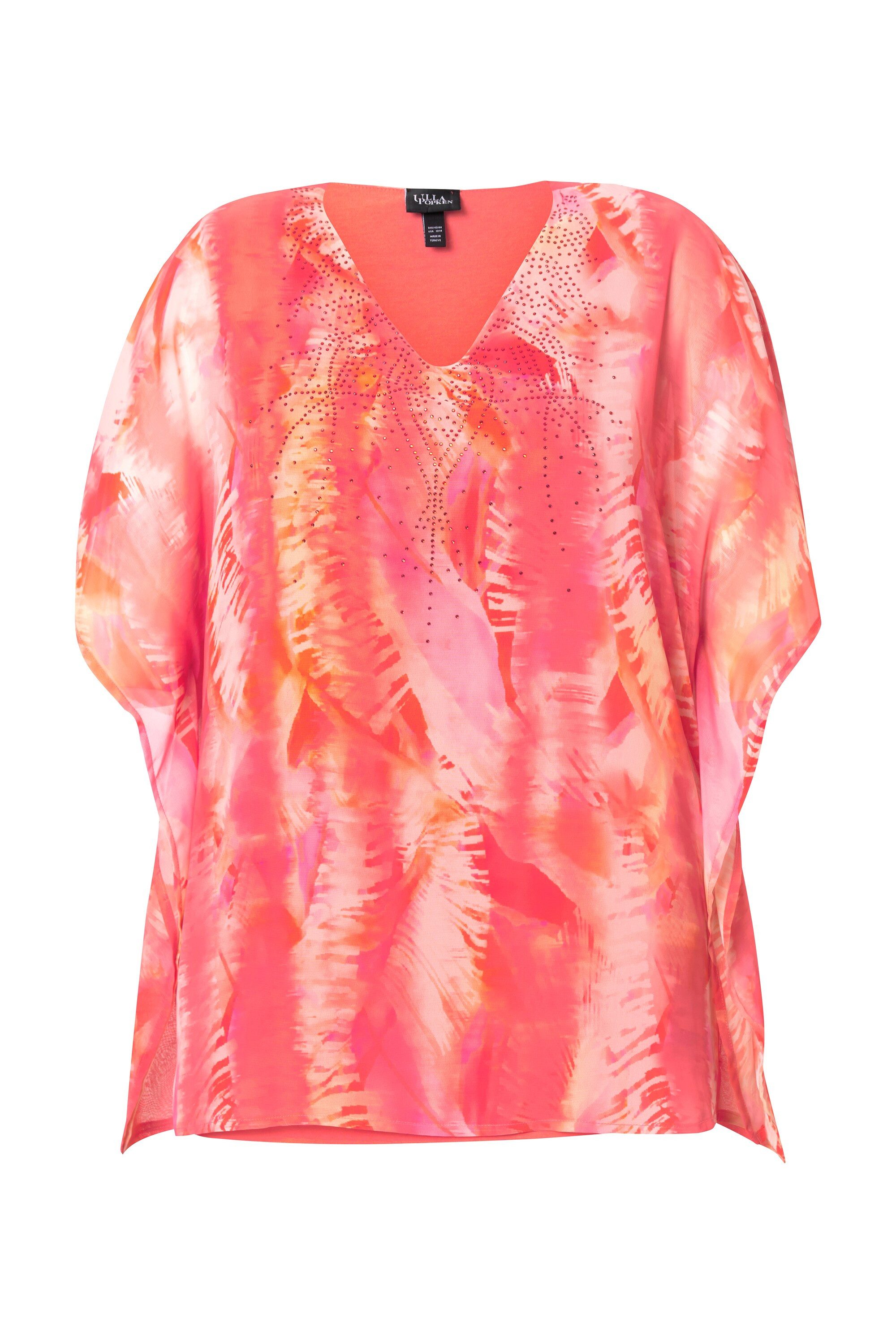 Ulla Popken Druckbluse Chiffonbluse Feder doppellagig V-Ausschnitt günstig online kaufen