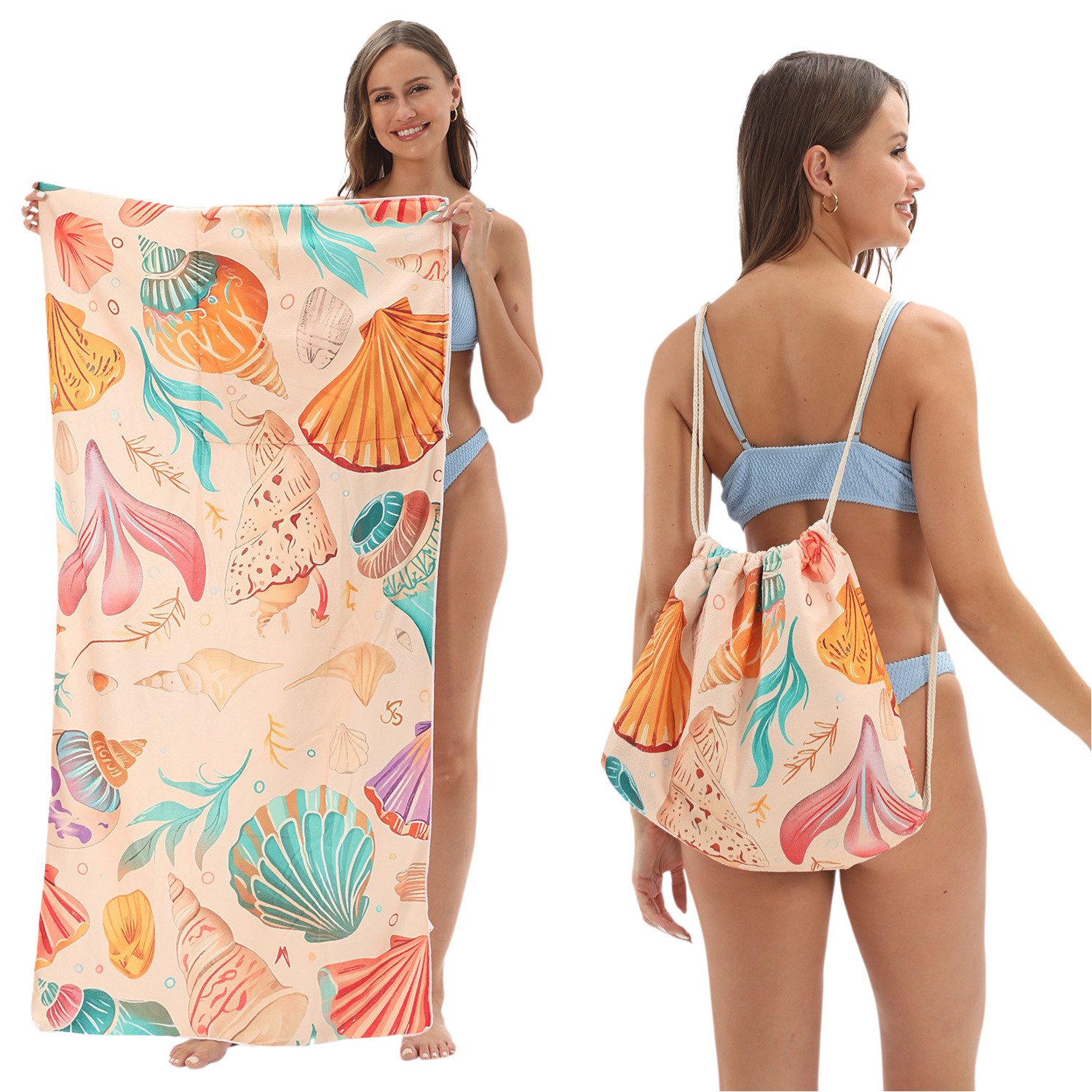 Refttenw Strandtasche 2-in-1 Strandtasche,Strandtuch,Beutel mit Kordelzug,70 x 140 cm
