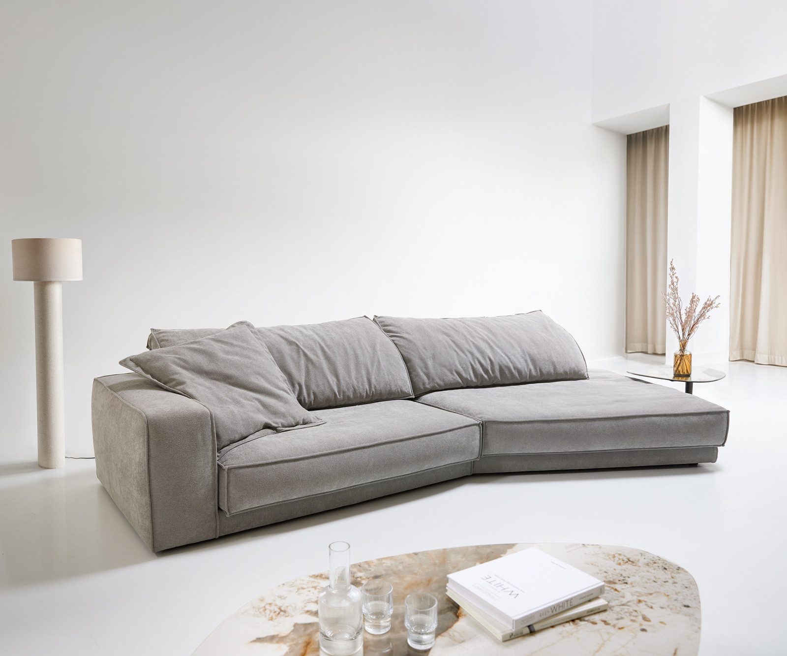 DELIFE Big-Sofa Snoosh, Strukturstoff Soft Grau 400x150 cm Recamiere rechts