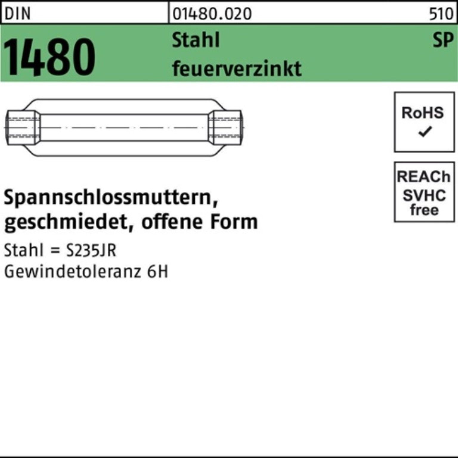 Reyher Spannschloss 100er Pack Spannschlossmutter DIN 1480 offen SP M16/170 Stahl feuerver