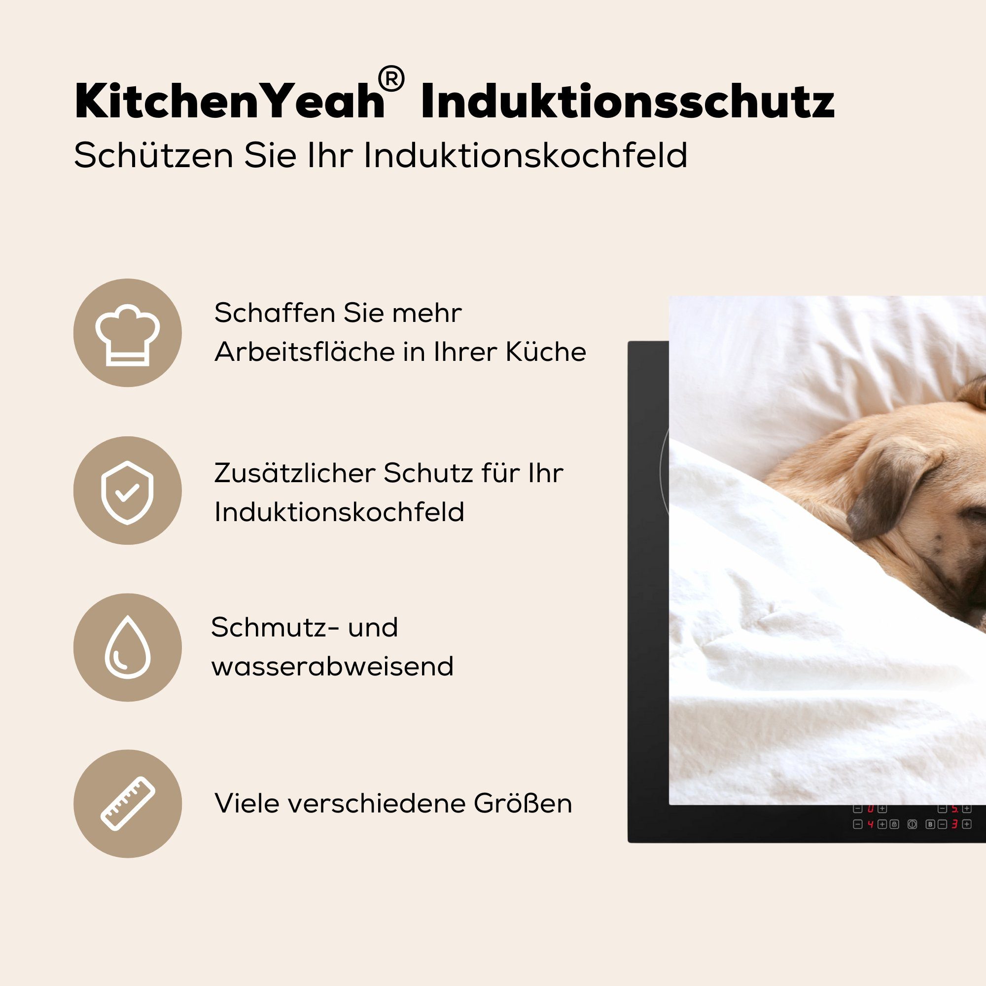 (1 cm, Bett Schutz einem für im küche, Kuscheltier, MuchoWow die mit 81x52 Induktionskochfeld Hund Ceranfeldabdeckung Vinyl, schläft tlg), Herdblende-/Abdeckplatte