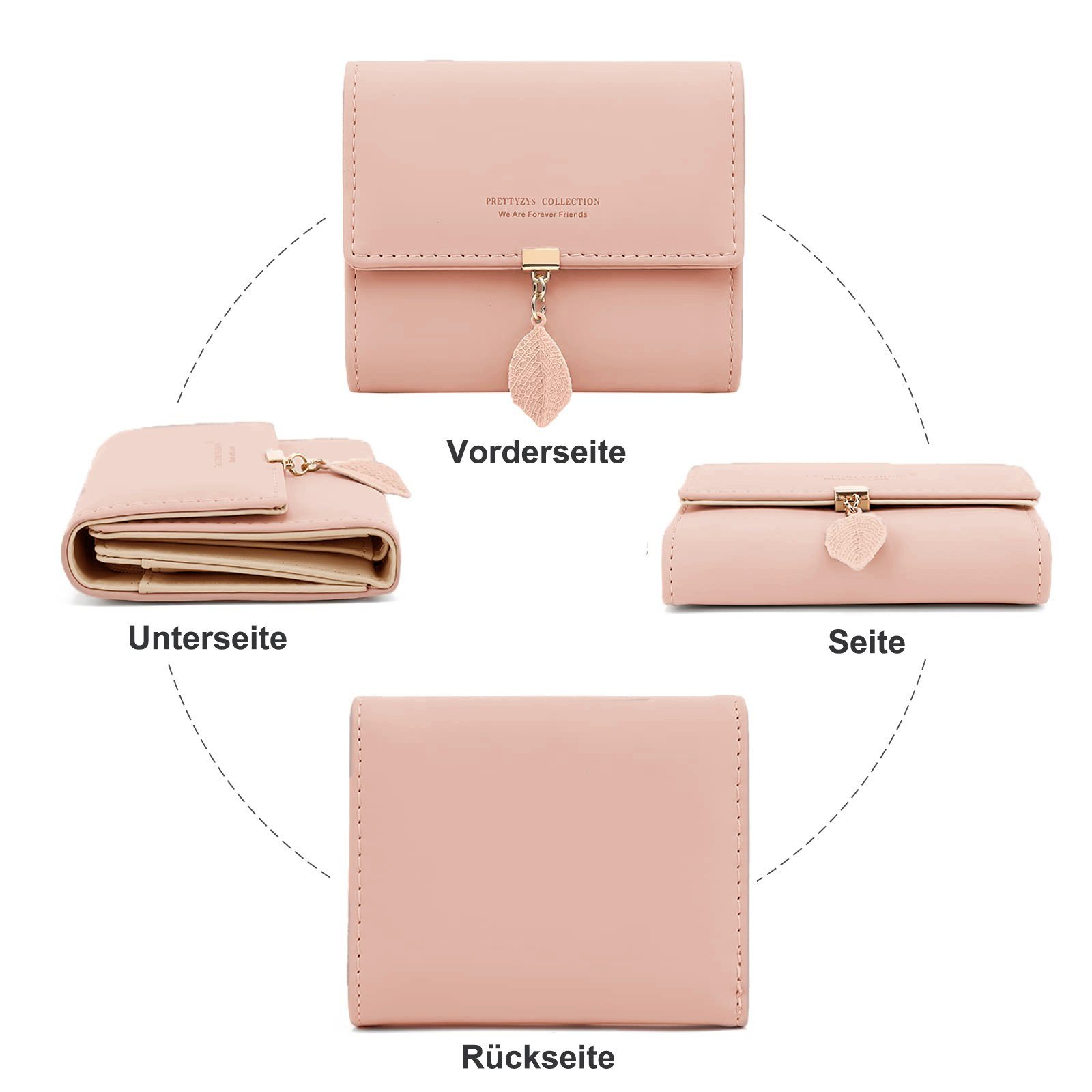 TAN.TOMI Geldbörse Damen-Geldbörse, ID-Fenster Design), Blattdekor Damen und Pink Münztasche Damen Kleine Brieftasche Kartenfächern,Brieftasche mehreren Zusammenklappbar,Geldbörse mit elegant,Geldbörse Reißverschluss Mini-Kompakt-Geldbörse Blattkarten-Halter, mit mit Geldbörse (Kurze einfach,Reißverschluss kleinem