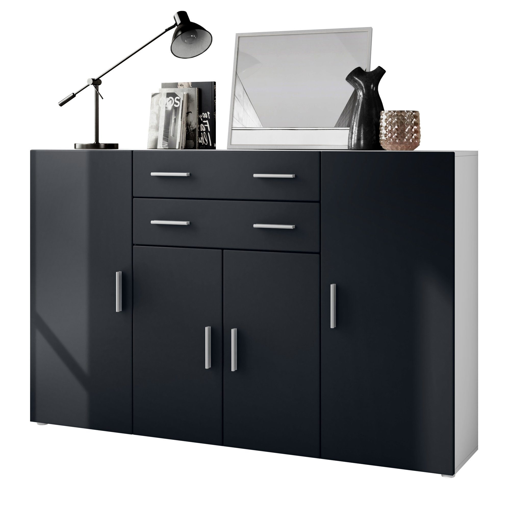 Vladon Highboard Aron (Anrichte, mit 4 Türen und 2 Schubladen), Weiß matt/Schwarz matt (166,5 x 106,5 x 35 cm)