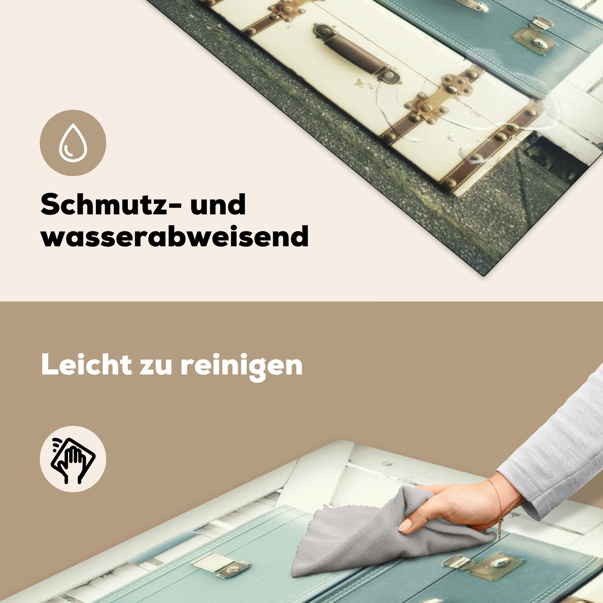 Blau Vintage, - cm, Vinyl, 78x78 küche Koffer Ceranfeldabdeckung, - - Weiß (1 Arbeitsplatte tlg), für Herdblende-/Abdeckplatte MuchoWow