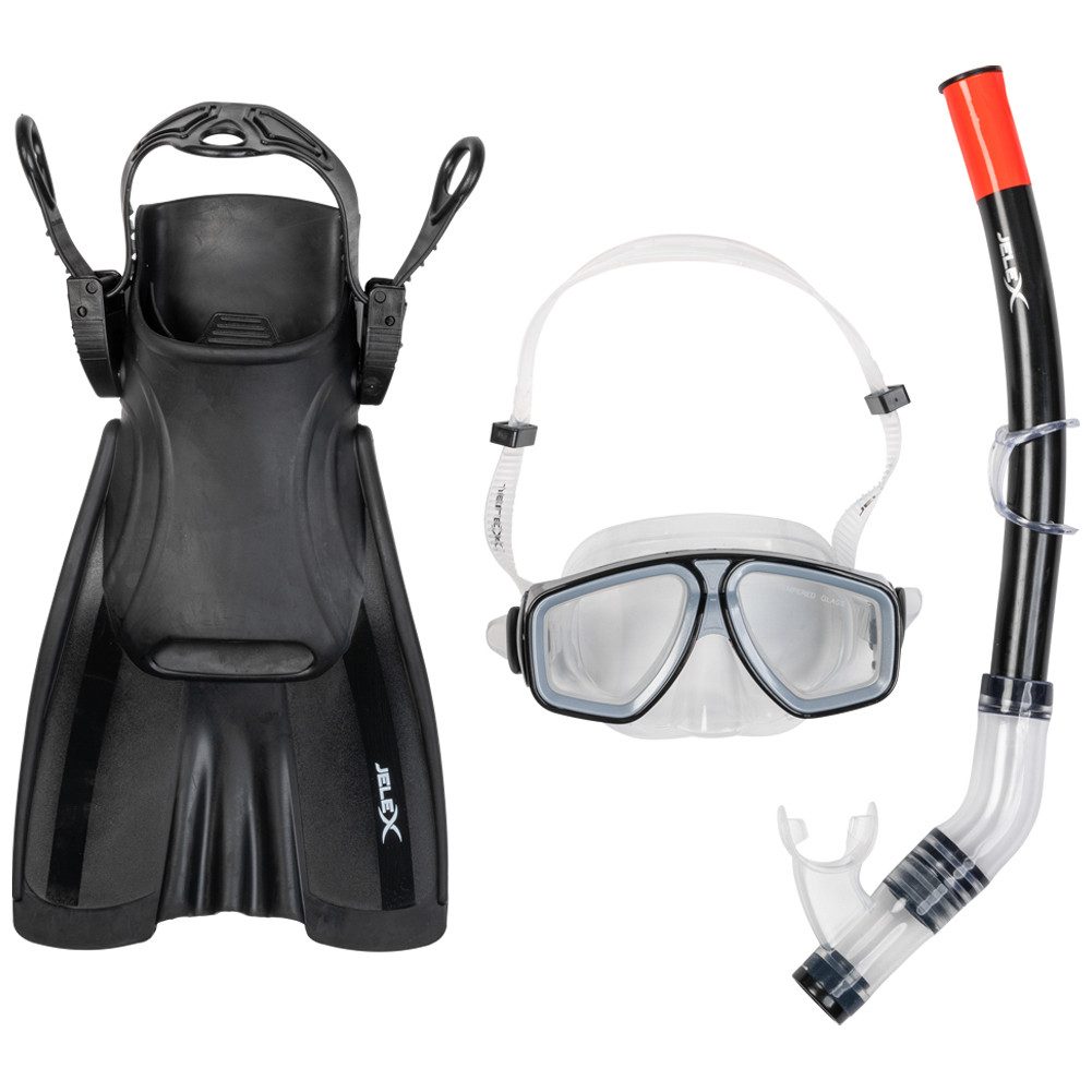 JELEX Schnorchel Deepsea Schnorchel Set mit Flossen, beschlagfrei, stoßfeste Brillengläser