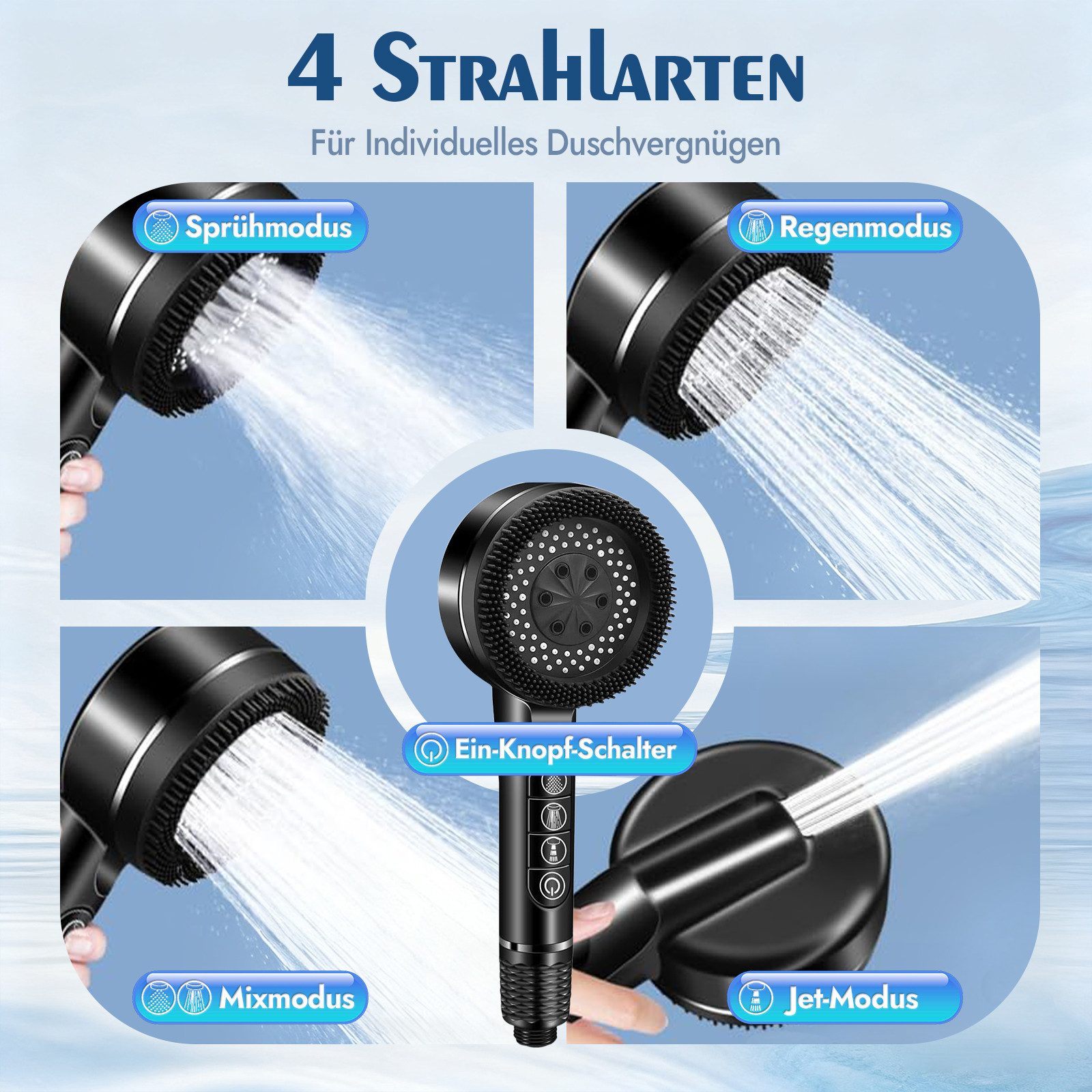 ANYSUN Handbrause Duschkopf mit Schlauch, Filter und Halterung ohne bohren, Wassersparender Handbrause Hochdruck, Duschkopf mit 4 Strahlarten