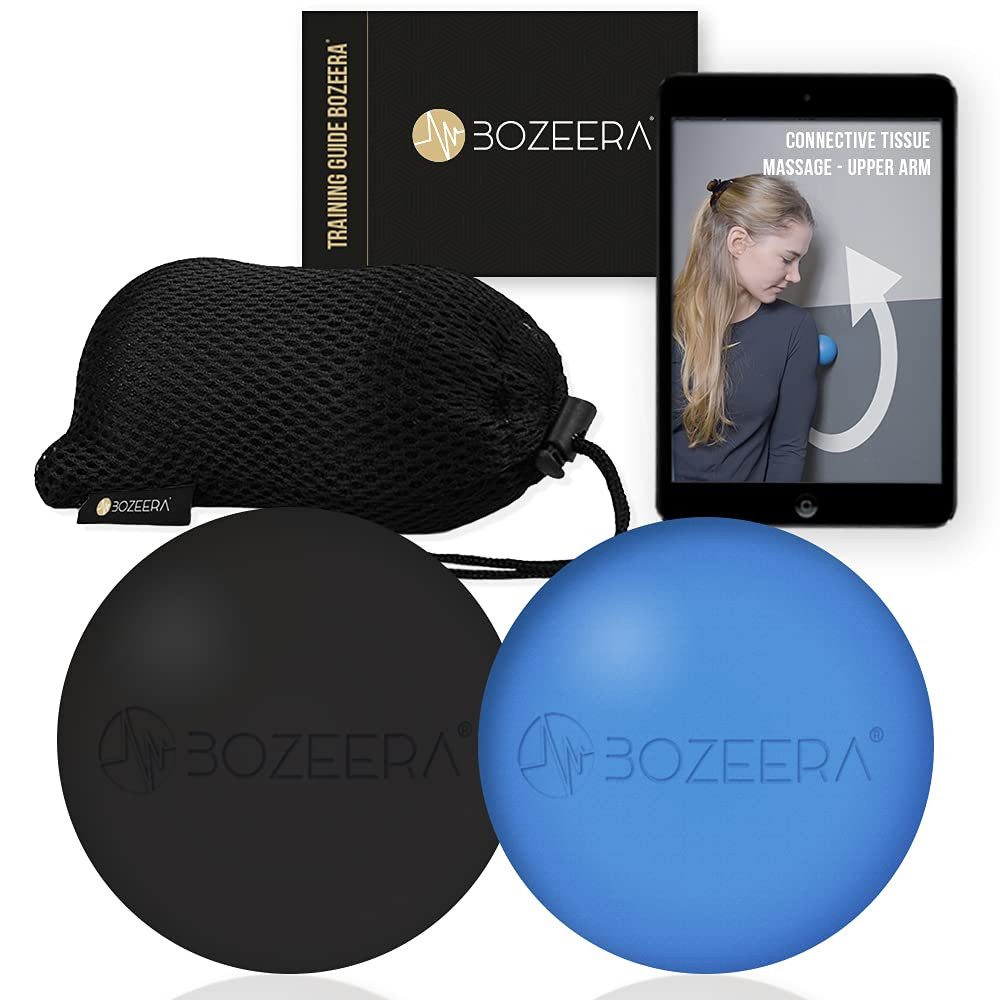BOZEERA Massageball Lacrosse Massageball Set Triggerpunkt Therapie -2x Lacross Ball 6 cm, Gummi Ball Set – Faszienball Set, Inkl. GRATIS Video-anleitung, Booklet & Tasche