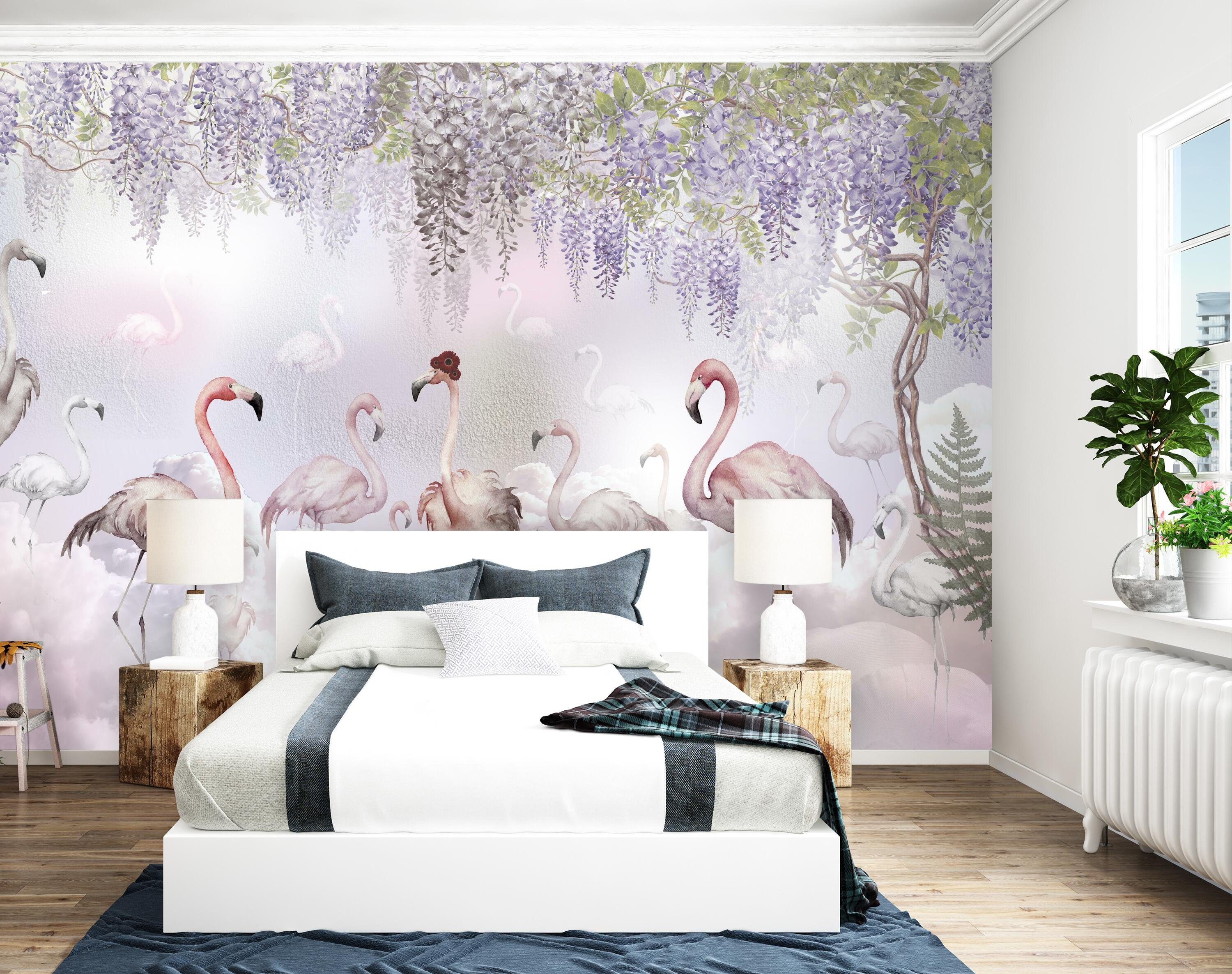 pastell, Vliestapete Flamingos matt, Blüten rosa Wandtapete, Motivtapete, glatt, Fototapete wandmotiv24