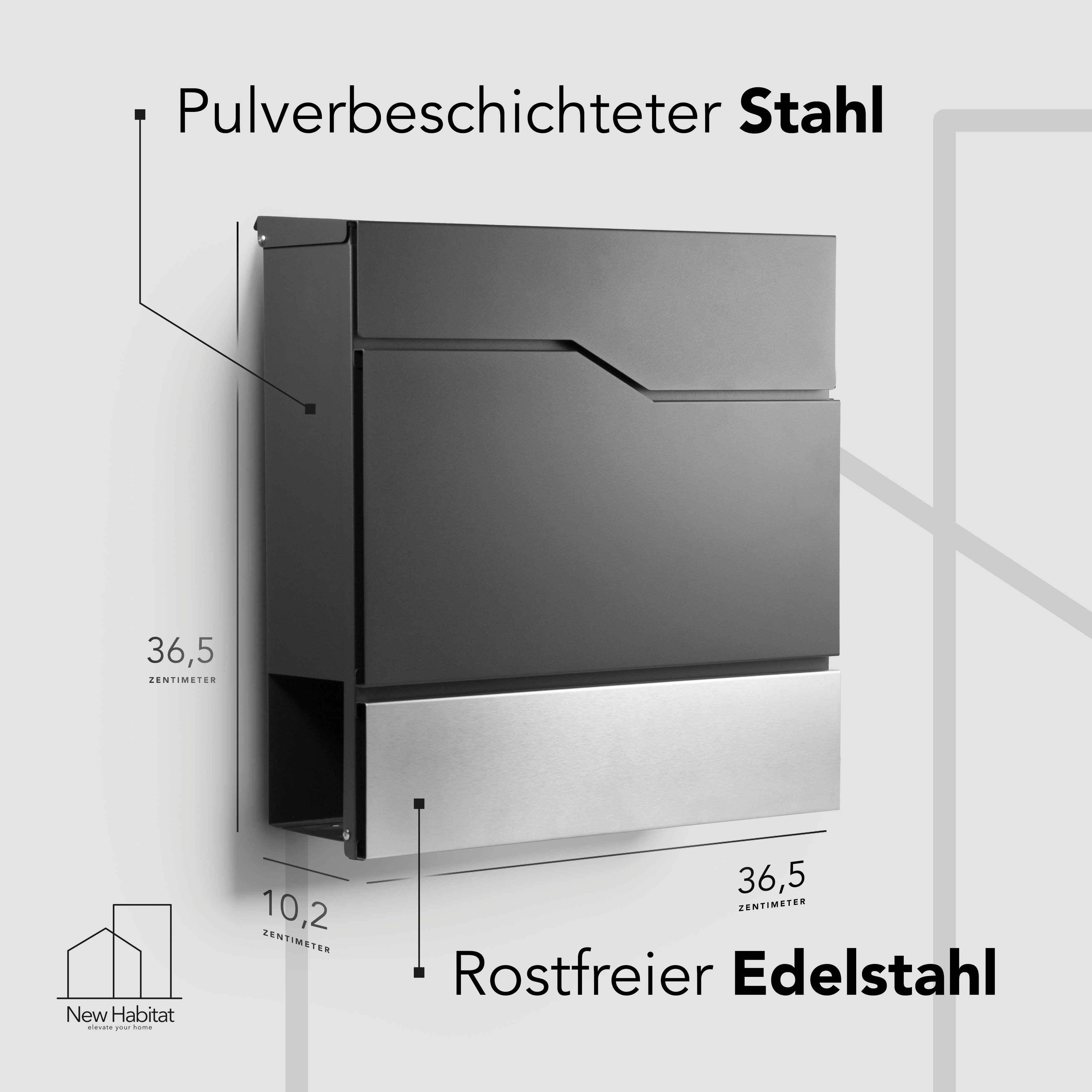 NewHabitat Briefkasten Moderner Wandbriefkasten Personalisierbar Anthrazit RAL7016 (Komplettset, Modell: Tokio), Rostfrei