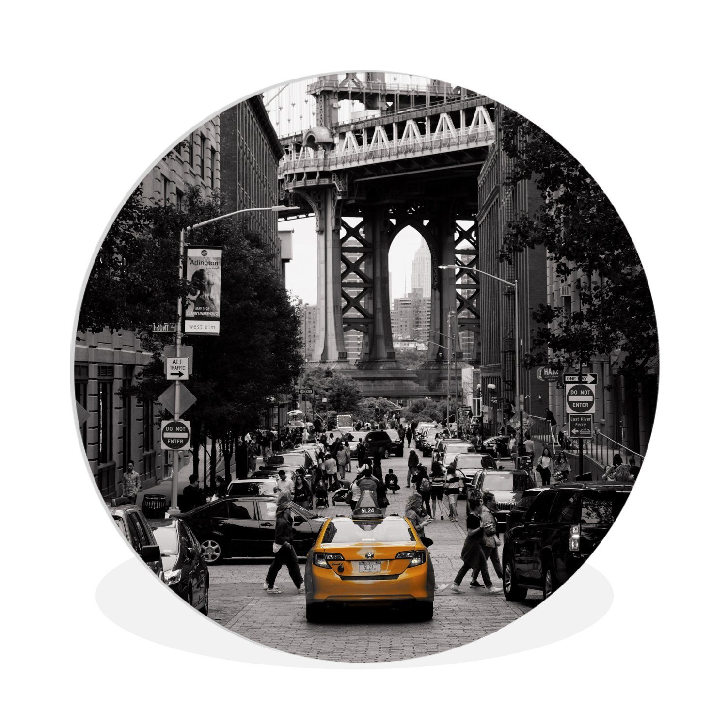 MuchoWow Gemälde Schwarz-Weiß-Foto mit einem gelben Taxi im amerikanischen New York, (1 St), Kreis Wanddekoration Forex, Rundes Wandbild, Wohnzimmer, 30x30 cm
