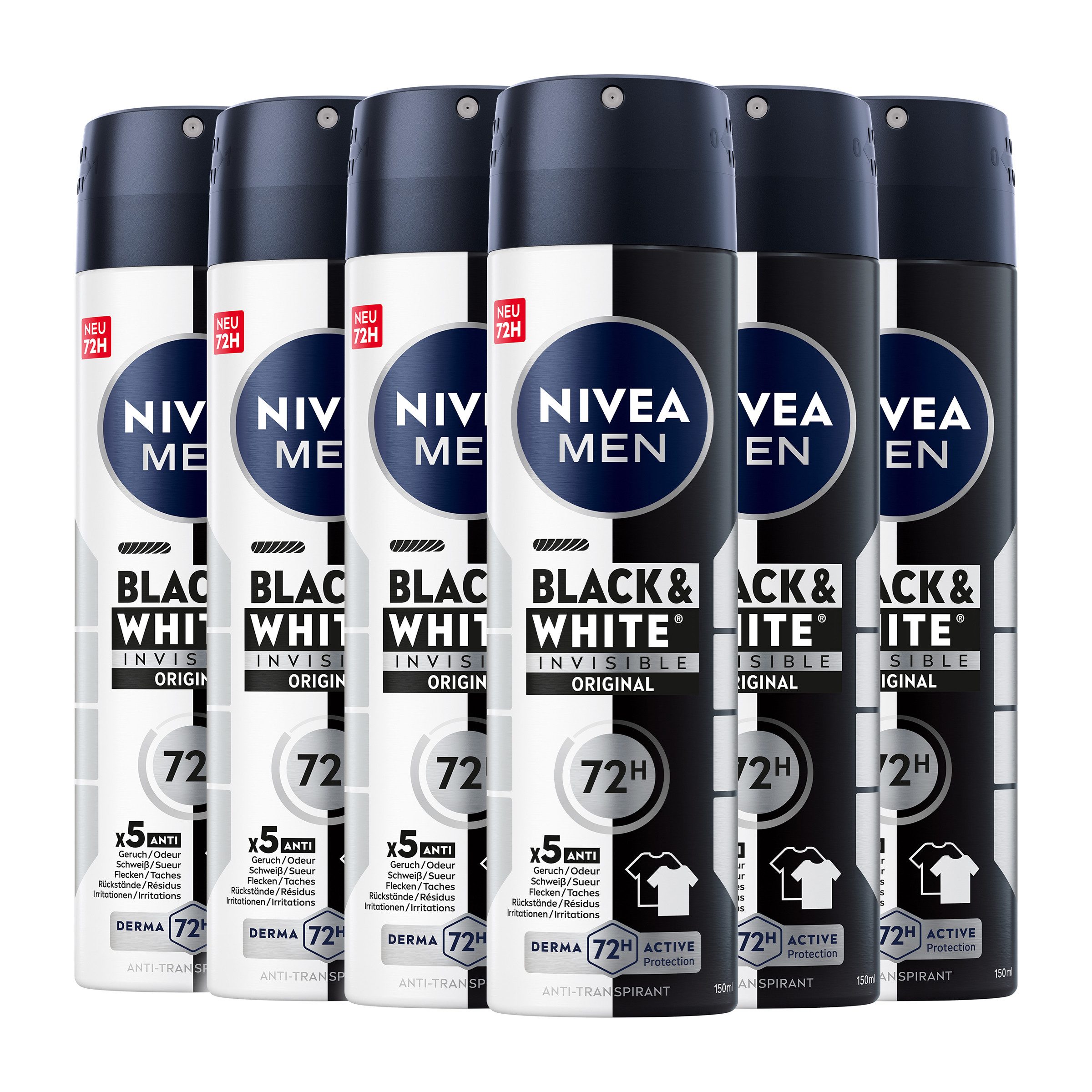 Nivea Men Deo-Spray Deodorant Black & White Invisible Original 6 x150ml, Set, 6-tlg., DERMA 72H Aktiv-Schutz