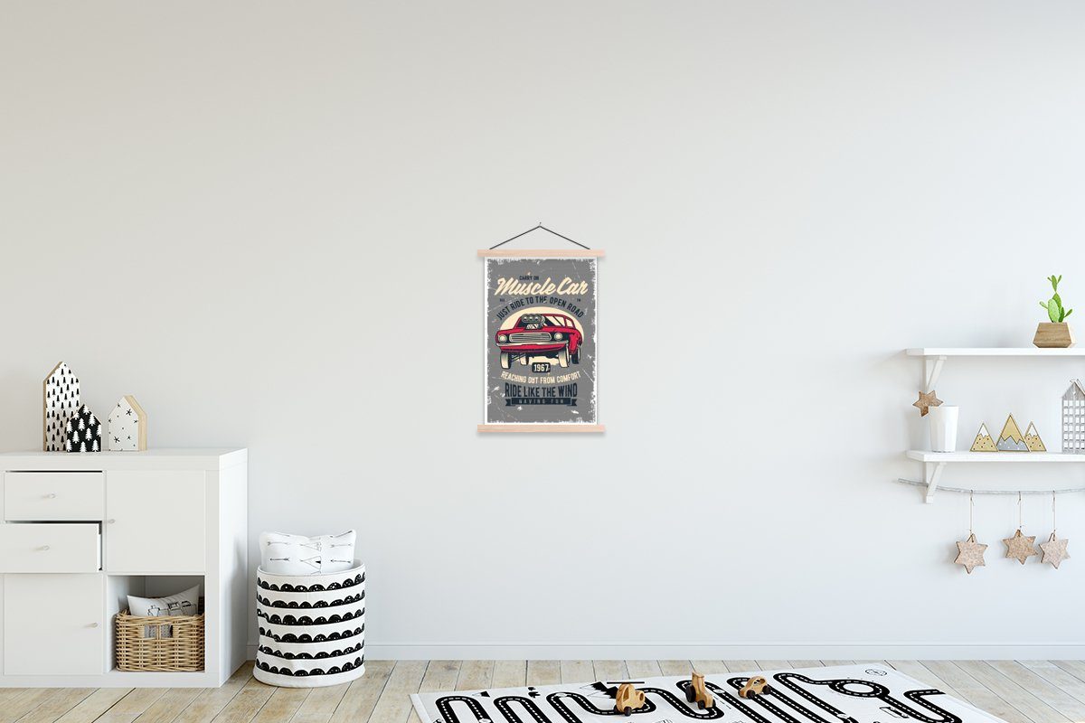 MuchoWow Poster Mancave - Auto - Vintage - Rot, (1 St), Posterleiste, Textilposter für Wohnzimmer, Bilderleiste, Magnetisch