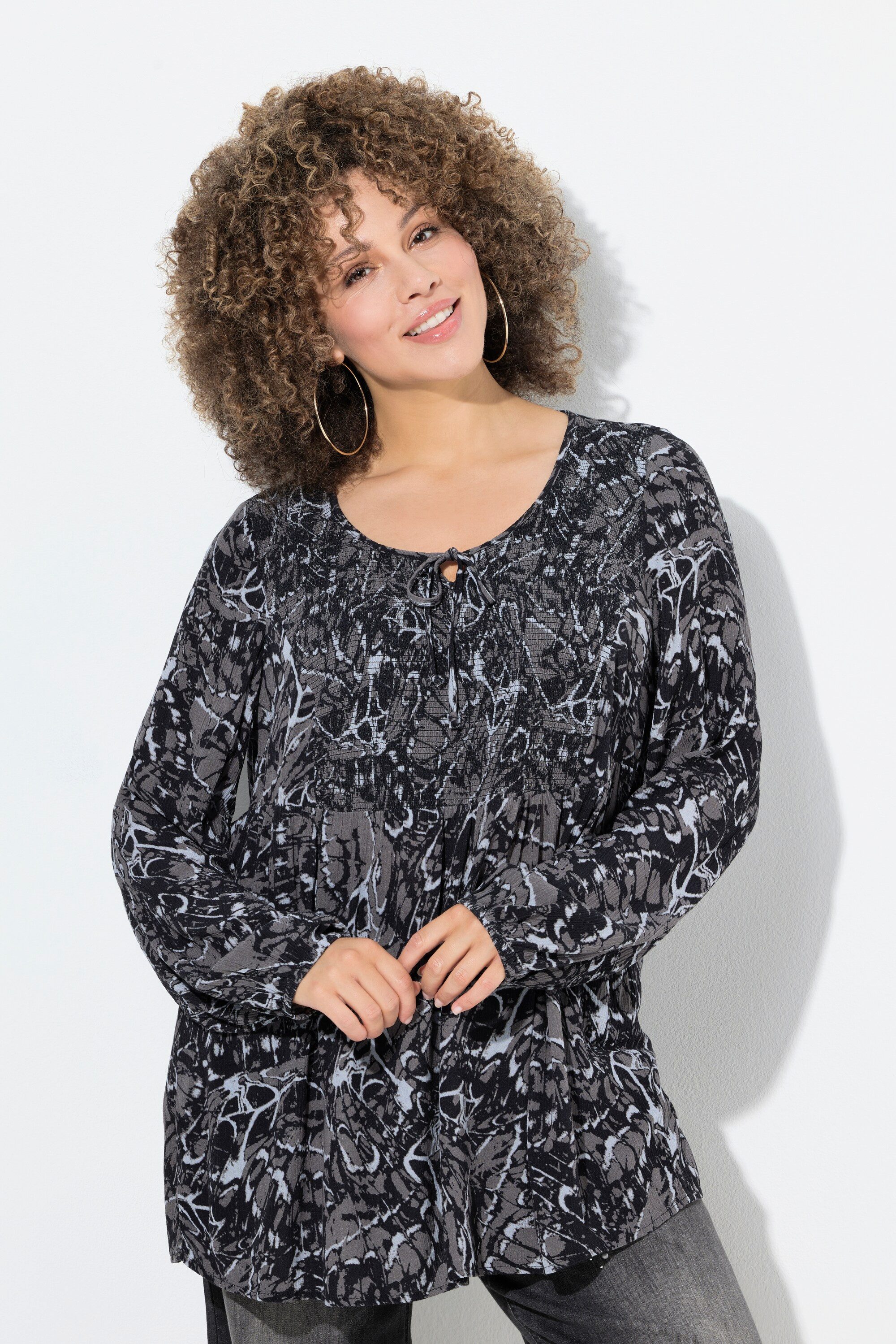 Ulla Popken Druckbluse Smokbluse Schmetterlinge A-Linie Rundhals Langarm