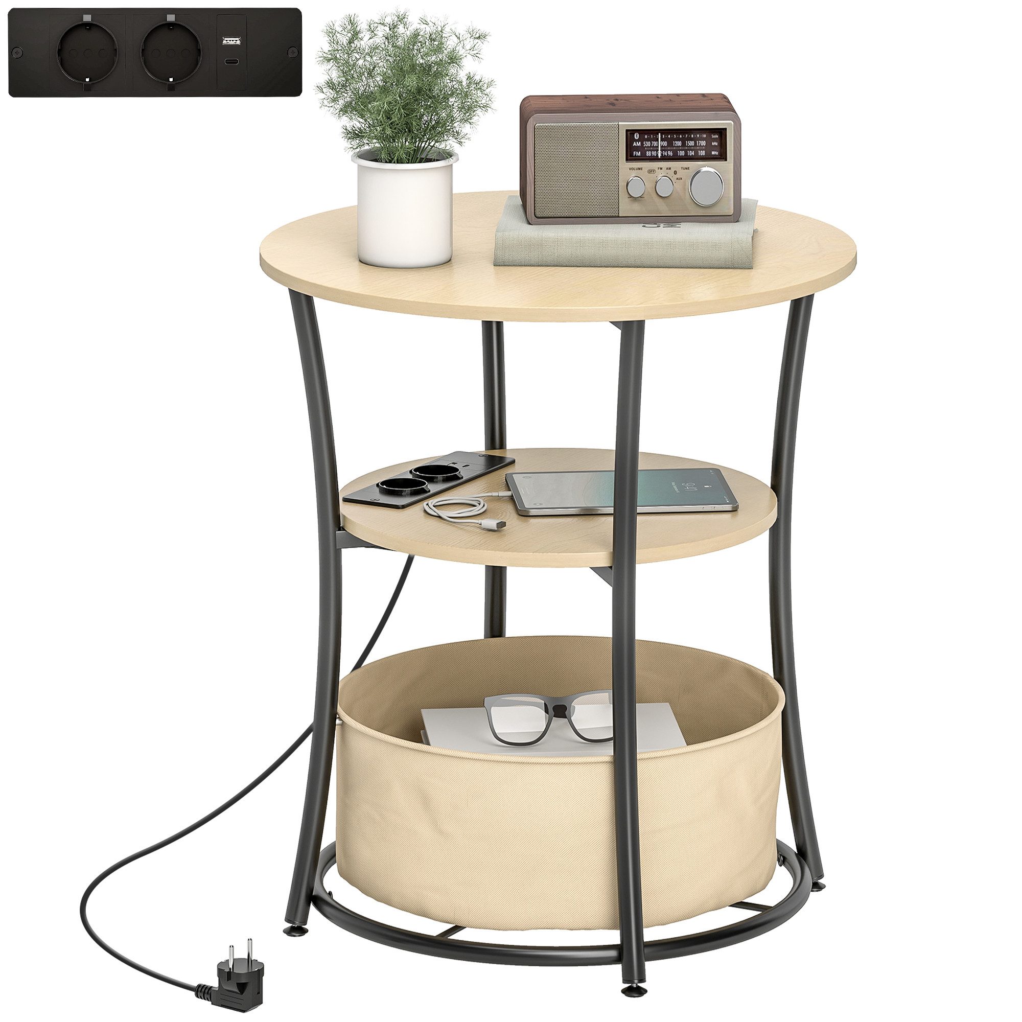 HOMCOM Beistelltisch mit Ladestation, Stoff-Aufbewahrungstasche, Ablage, Me günstig online kaufen