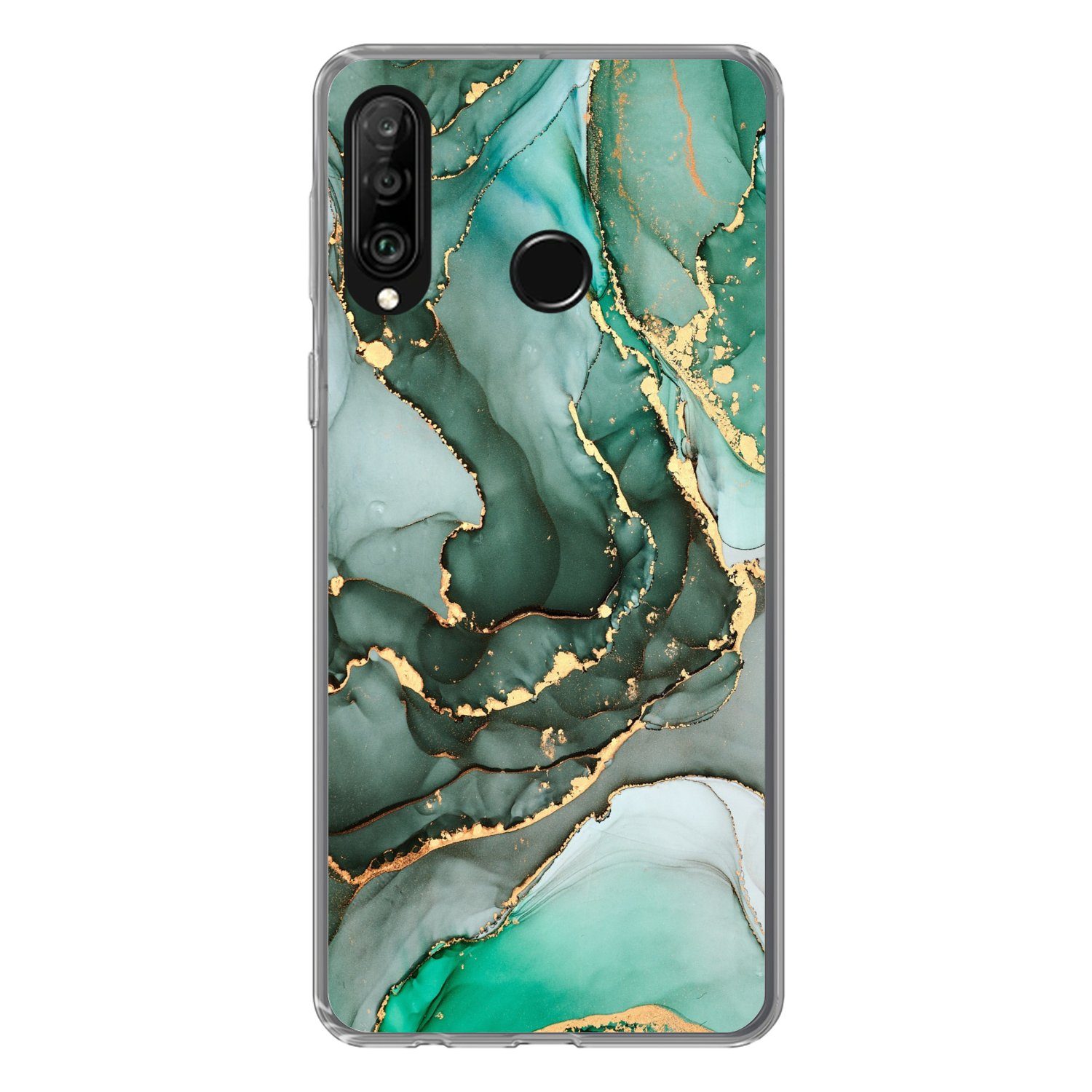 MuchoWow Handyhülle für Huawei P30 Lite Gold - Marmor - Grün - Luxus - Marmoroptik - Grau, Handy Case, Silikon, Bumper Case Dünn
