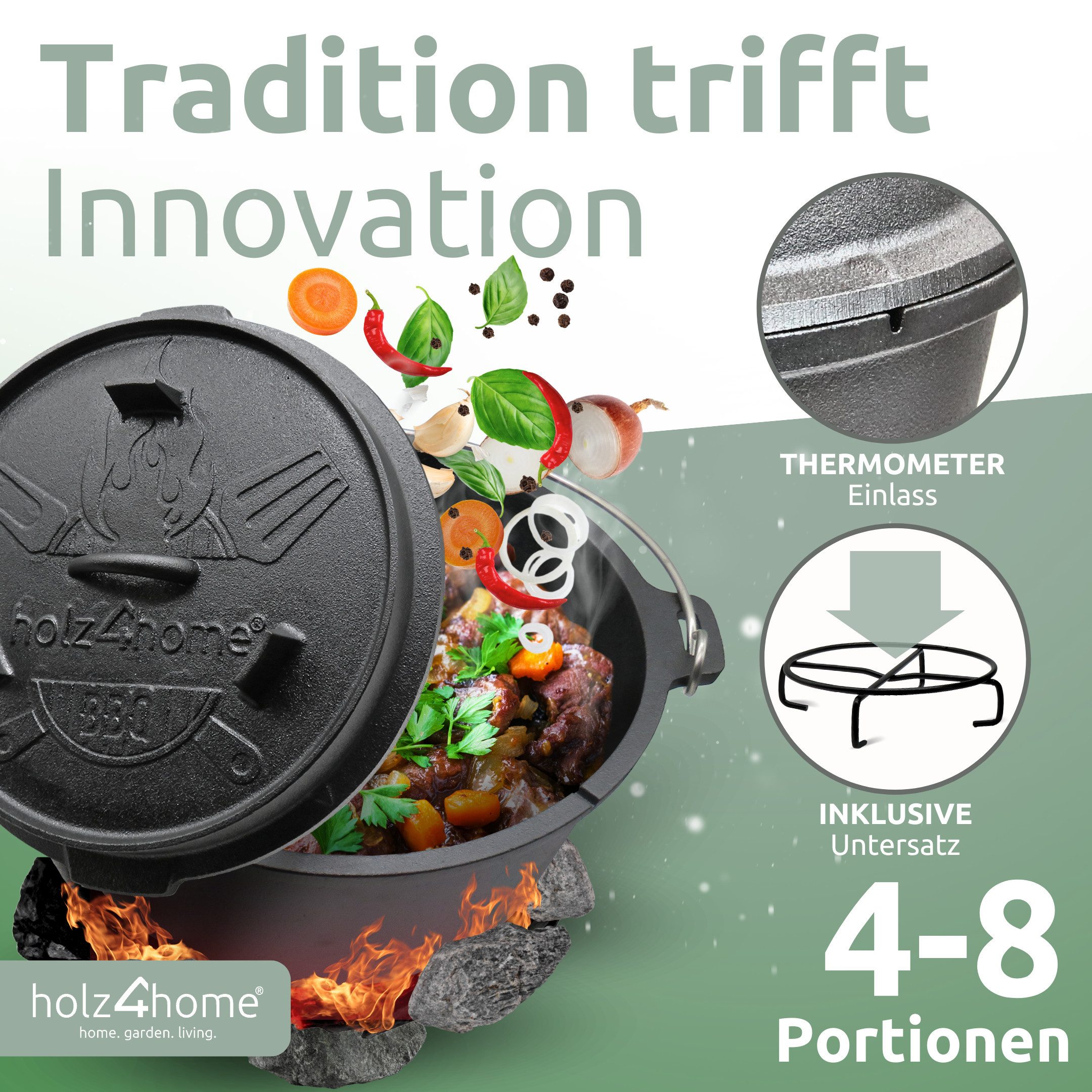 holz4home® Grilltopf Dutch Oven Set aus Gusseisen I Dopf Feuertopf Schmortopf Bräter, Gusseisen (5-tlg), inkl. Deckelheber