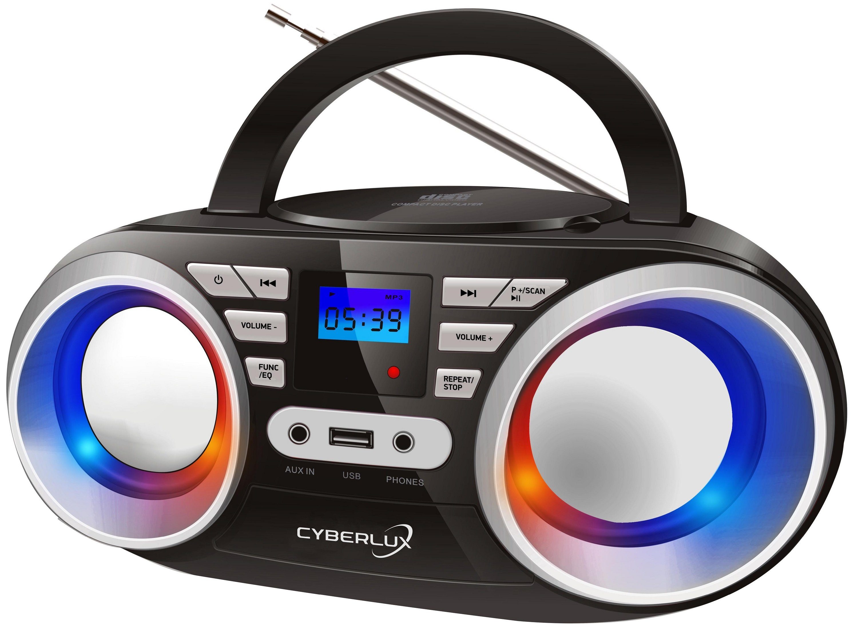 Cyberlux »CL-800« tragbarer CD-Player (CD, Kinder CD Player tragbar, Boombox,  Musikbox, LED-Disco-Beleuchtung, FM Radio mit MP3 USB)