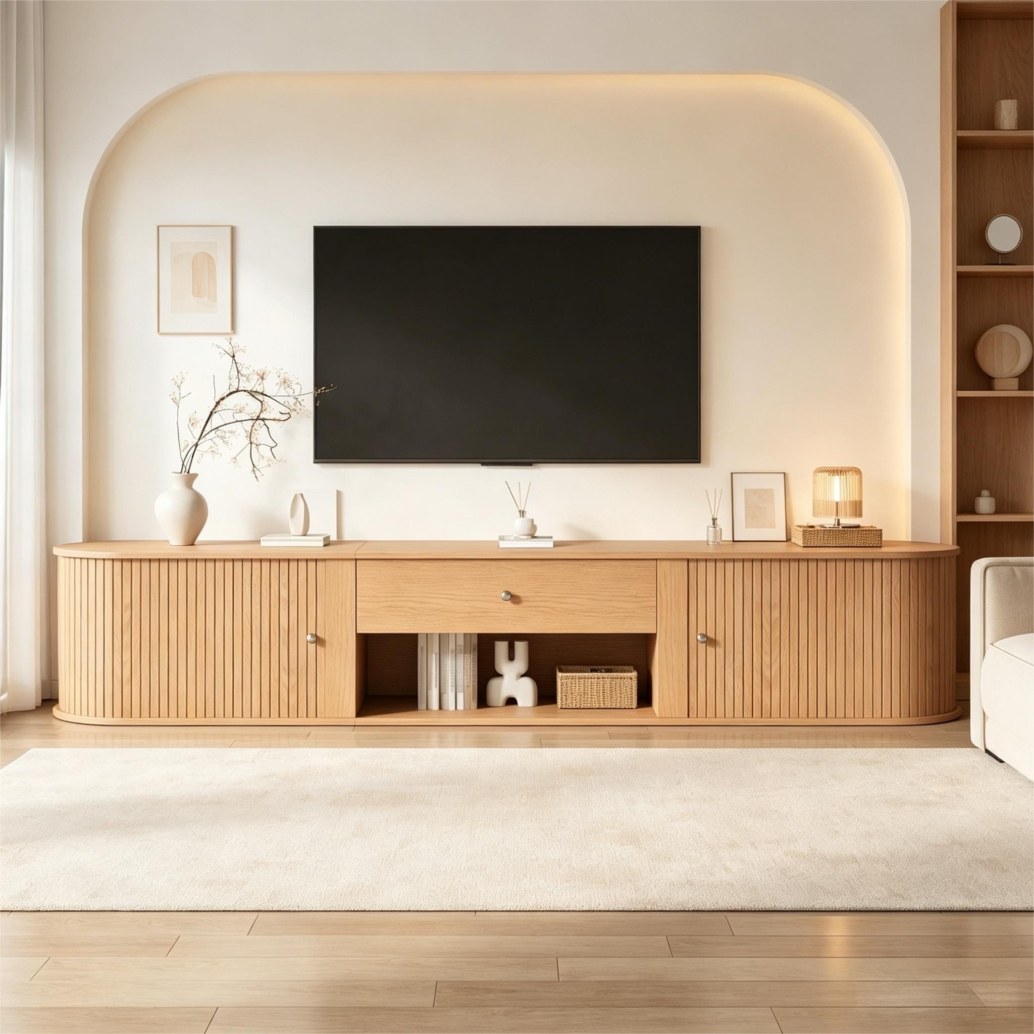 KLAM HOME Lowboard TV‑Lowboard 180×40×40cm mit Runddesign für TVs bis 75 Zoll (Fernsehschrank mit 2 Rollo‑Türen und 1 Schublade), Retro‑TV‑Schrank in Walnuss‑ und Holzfarbe für Wohn‑ und Esszimmer
