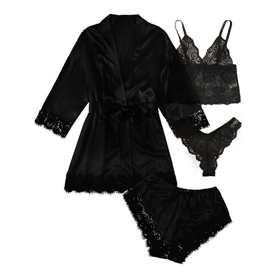 Daisred Pyjama 4 Teiliges Schlafanzüge Sexy Spitze Lace Set für Damen Schwarz