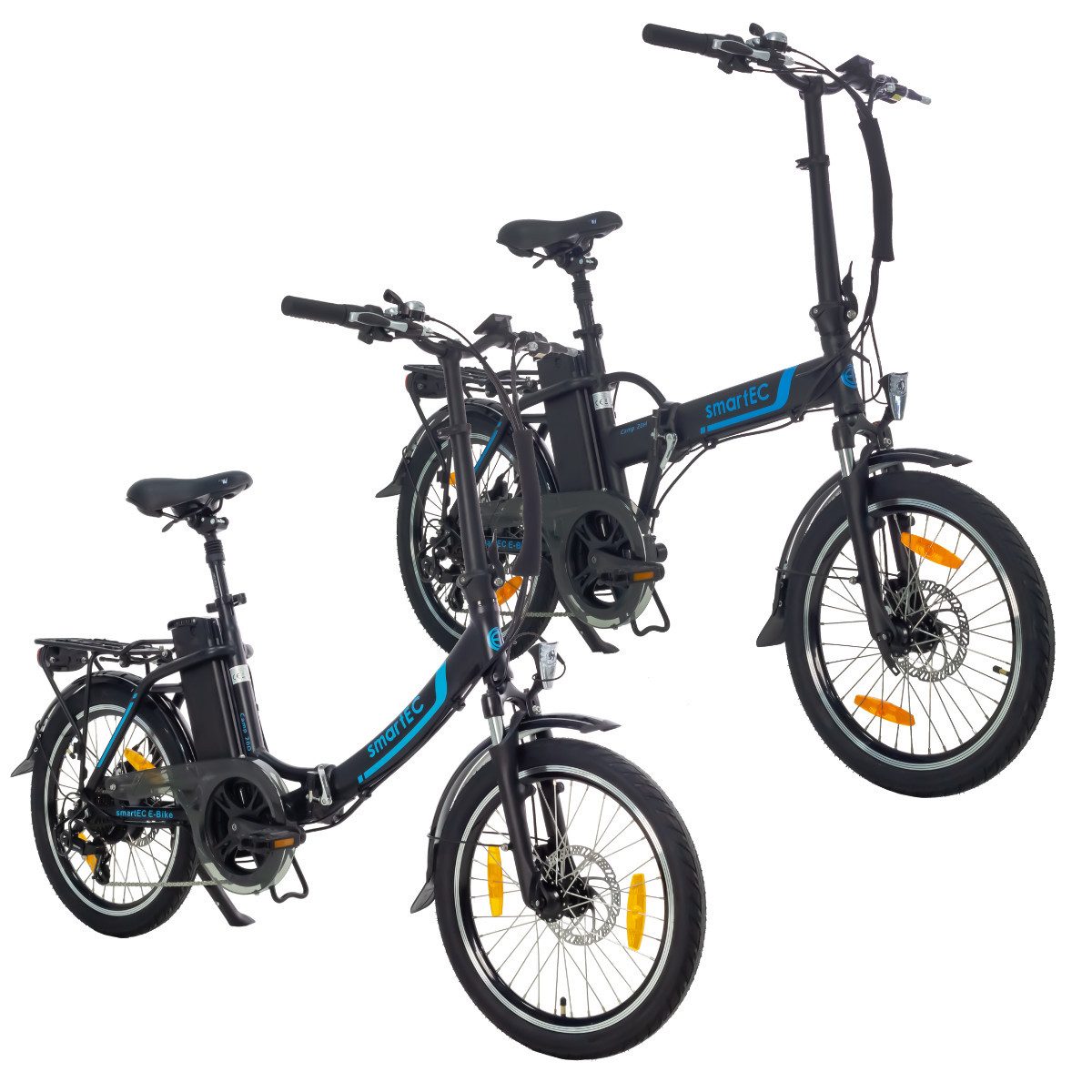 smartEC E-Bike Klapprad E-Klapprad Camp-20D & Camp-20H E-Bike 20 Zoll Schwarz, 7 Gang Shimano Tourney Schaltwerk, Kettenschaltung, Hinterrad-Nabenmotor, 562.00 Wh, (2er Set, 12 tlg., Akku mit Ladegerät), Damen/Herren Unterstützung 25 km/h Anfahrhilfe Sche
