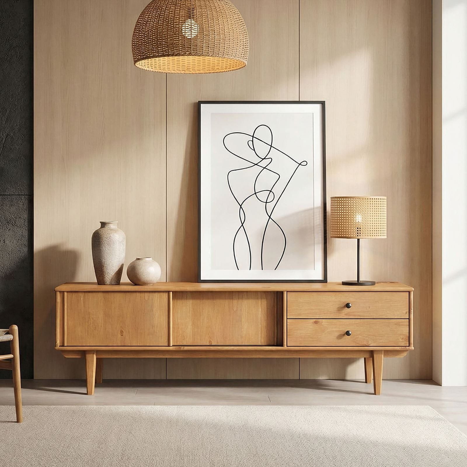 IDIMEX Lowboard SIMONA, TV Lowboard 175 cm aus Massivholz mit 2 Schiebetüren Eiche Finish