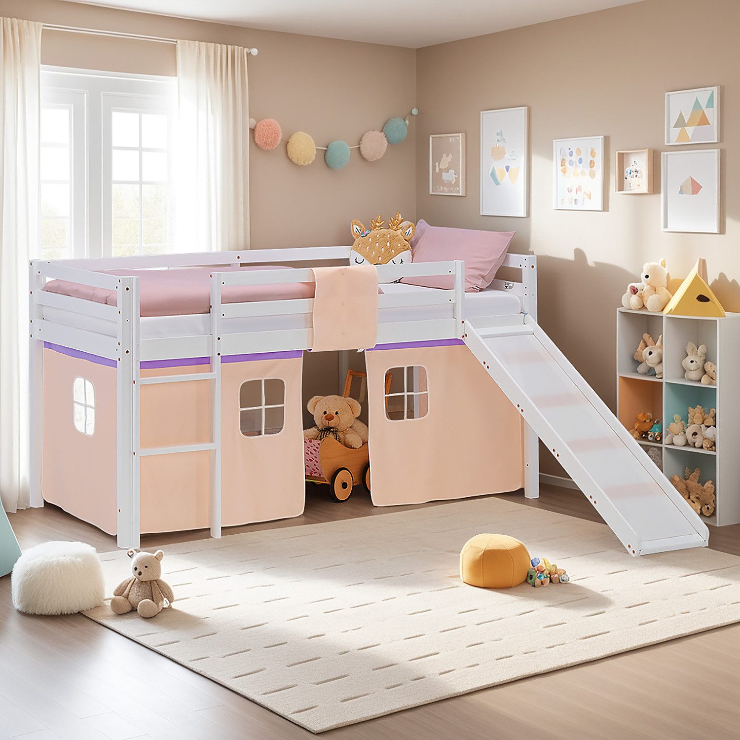 Homestyle4u Hochbett 90x200 Stockbett Kinderbett Holz Kiefer Weiß Lila Beige Kinder Vorhang (mit Rutsche) mit Rausfallschutz, Mädchen